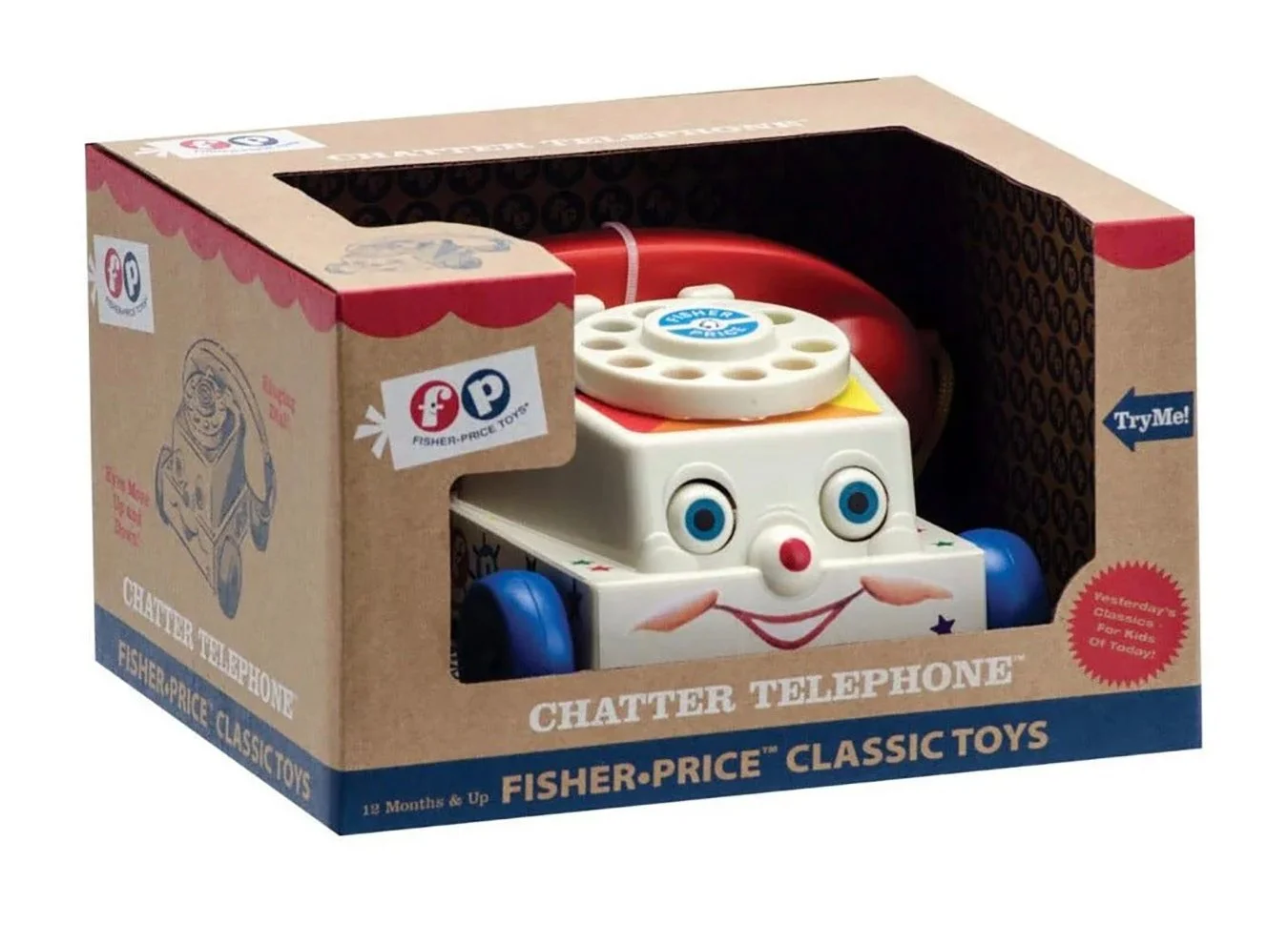 A vintage Fisher-Price Chatter Telephone toy inside its original packaging.