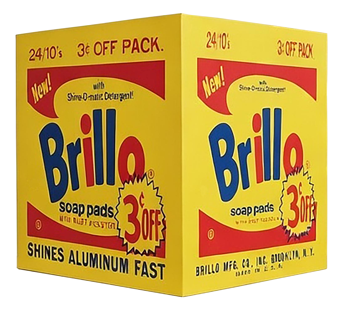 A yellow and red cardboard box of Brillo soap pads, advertising 3 cents off packs and 30% discount, with bold blue and red text and slogan 'Shines Aluminum Fast'.
