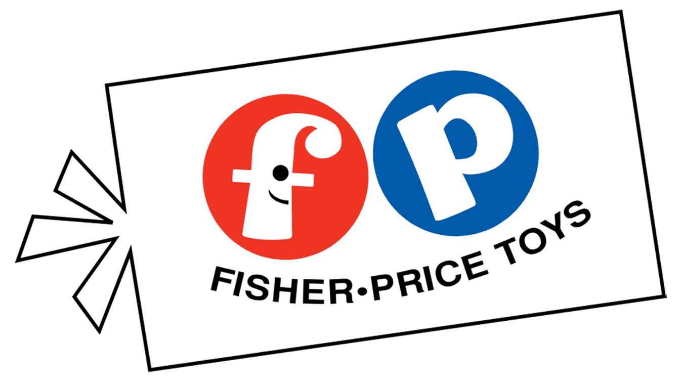 A Fisher Price Toys logo with a red smiling face and a blue letter P on a white background, with black background surrounding the logo.