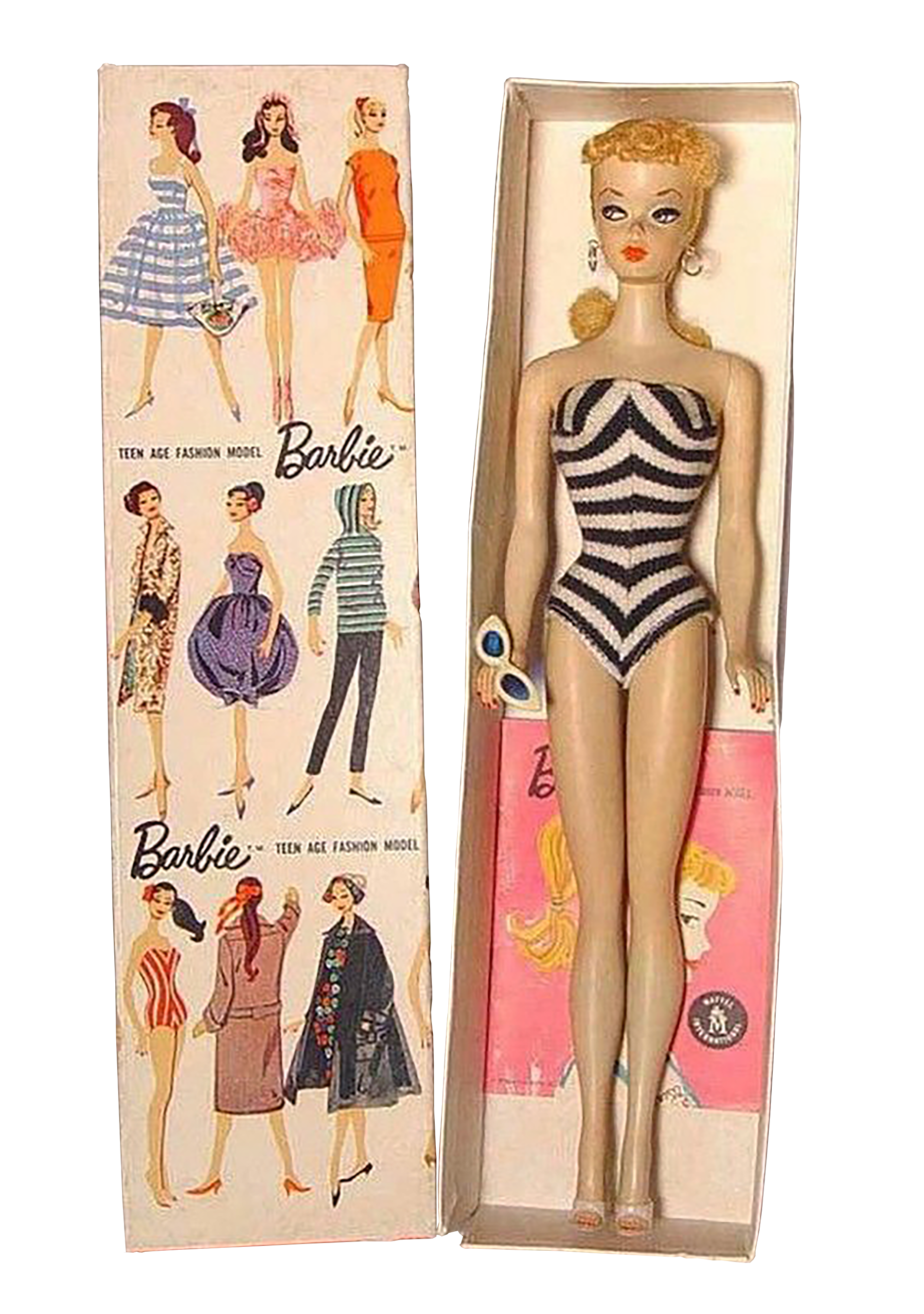 Vintage Barbie teenage fashion model doll in striped outfit, in original box with illustration of fashion models.