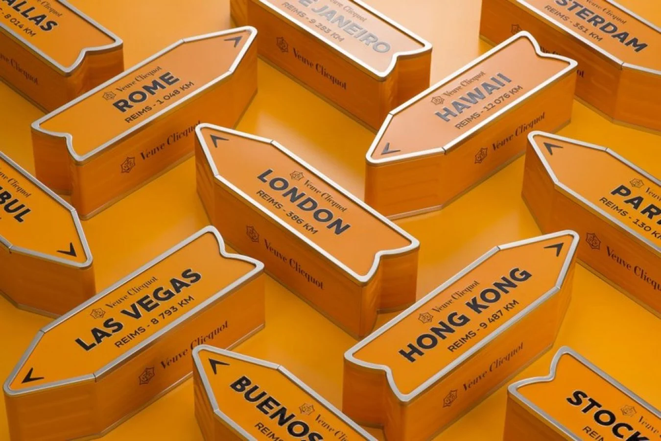 Bullet-shaped signs resembling directional arrows with city names and distances in kilometers, such as London, Hong Kong, Las Vegas, and Rome, arranged on a yellow background.