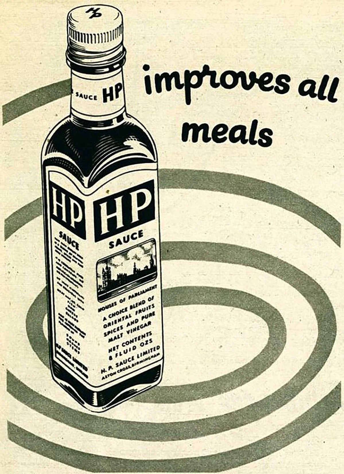 Vintage advertisement featuring a bottle of HP Sauce with the text "improves all meals" to the right.