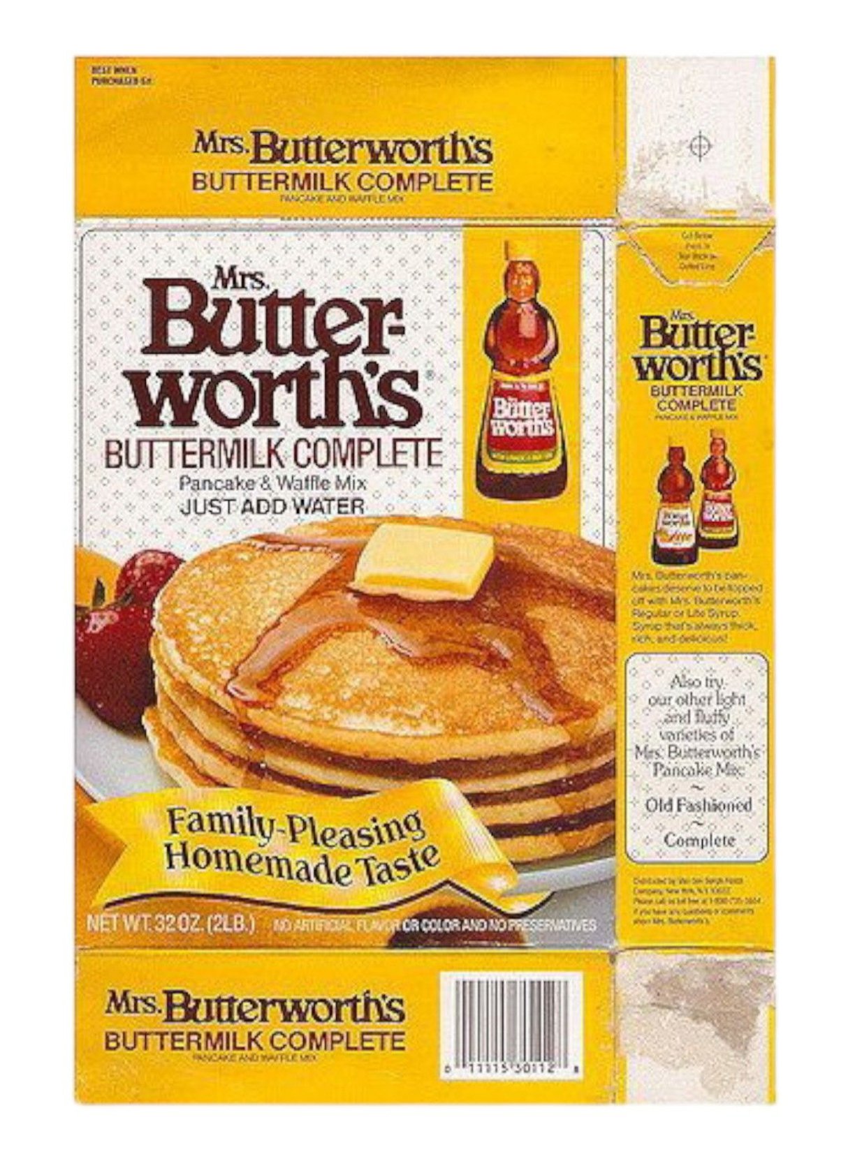 Box of Mrs. Butterworth's Buttermilk Complete pancake and waffle mix showing a stack of pancakes with butter, syrup, and fruit.