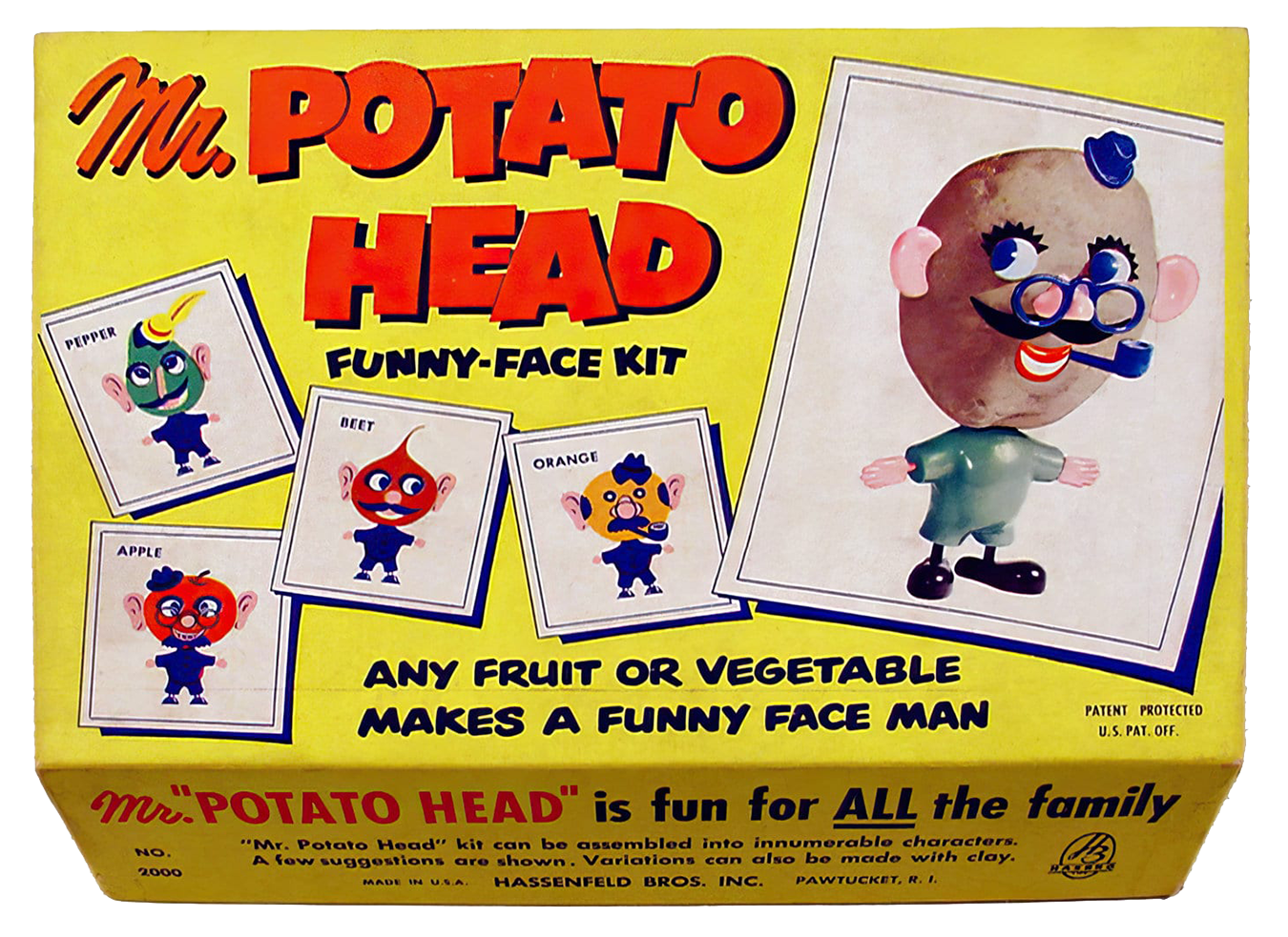 A vintage Mr. Potato Head funny-face kit box featuring a large photo of a potato with facial features made from various fruits or vegetables, and smaller illustrations of different face parts like a pepper, a cherry, an orange, and an apple. The box has bright yellow and red colors with playful fonts and states it is for all the family.
