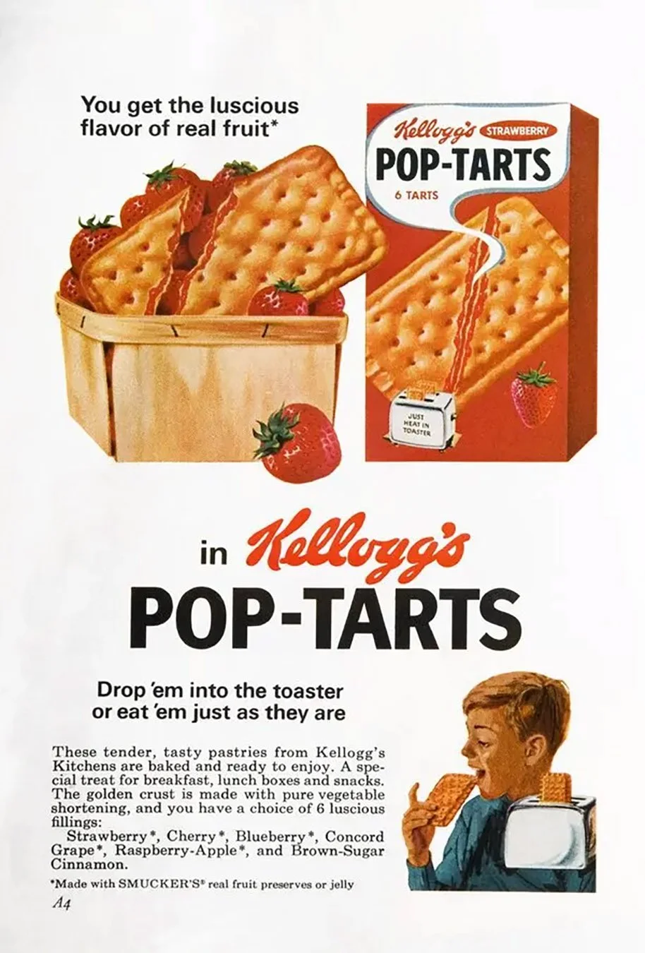 Vintage advertisement for Kellogg's Pop-Tarts strawberry flavor, showing a box of six pop-tarts, a wooden basket filled with pop-tarts and strawberries, and a woman eating a pop-tart.