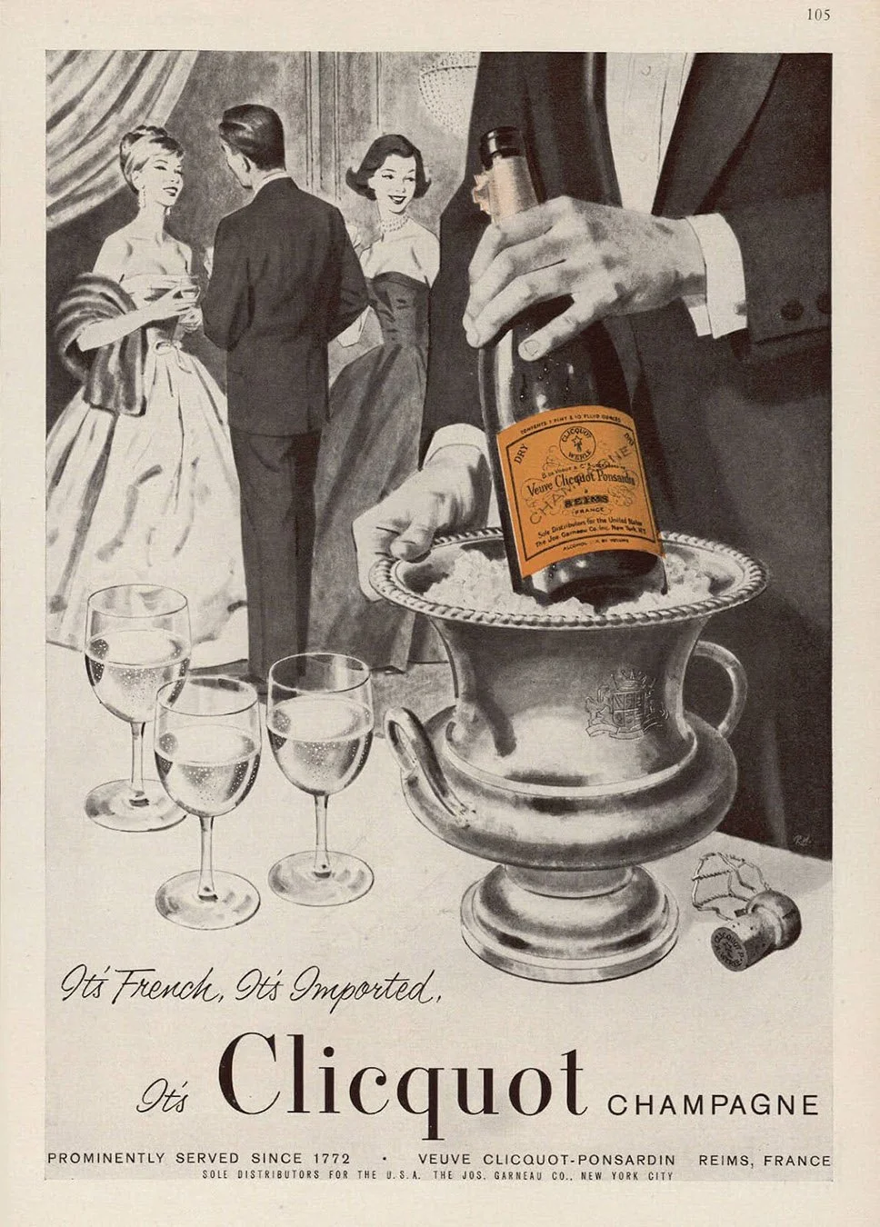 Vintage advertisement for Veuve Clicquot Champagne featuring a large Champagne bottle in an ice bucket, three glasses of Champagne, and a drawing of a lively social gathering with women in elegant dresses and a man in tuxedo in the background.