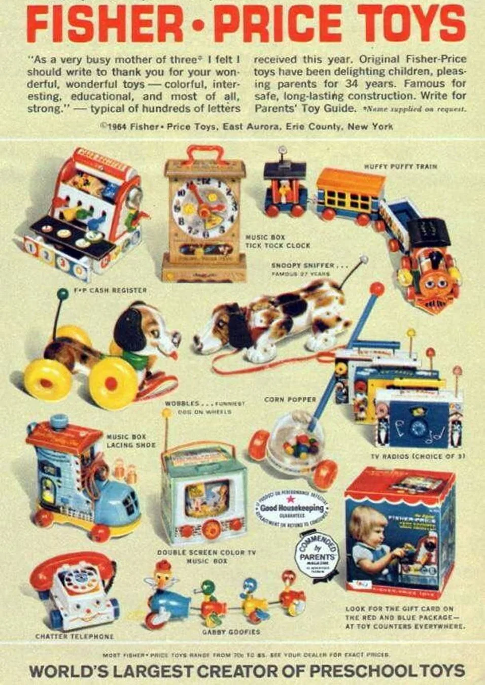 Vintage advertisement for Fisher-Price Toys featuring various colorful preschool toys including a Paw Patrol truck, clock, train, dog, musical box, TV, and a telephone.