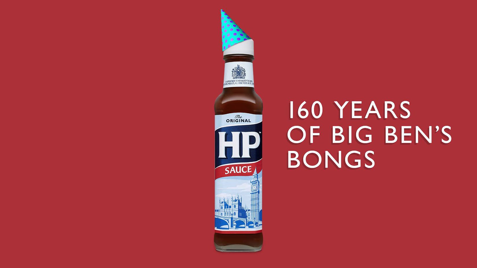 A bottle of HP Sauce wearing a party hat with the text '160 Years of Big Ben's Bongs' beside it.