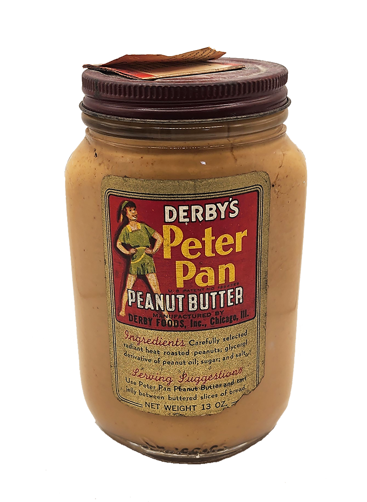 A jar of Derby's Peter Pan peanut butter with a vintage label featuring a woman in a green outfit and a red background.