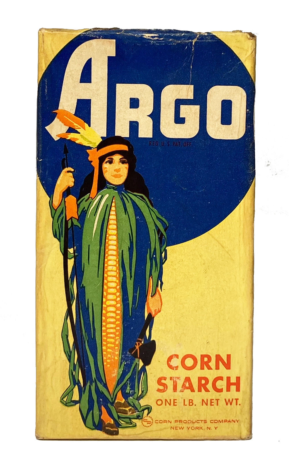 Vintage cardboard box labeled 'ARCO' with a Native American woman illustration holding a spear. The box is for one pound of corn starch, from the Corn Products Company, New York.