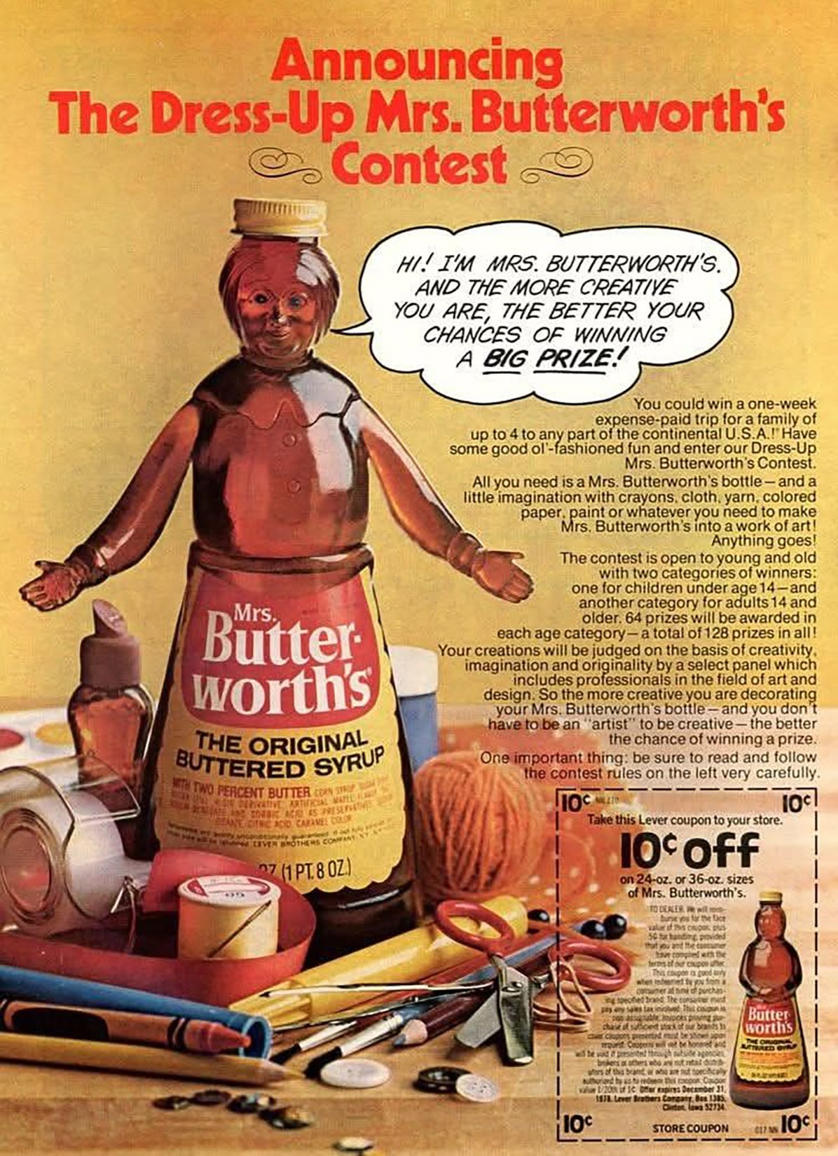 An advertisement for a dress-up Mrs. Butterworth's contest featuring a woman with a Mrs. Butterworth's syrup bottle as a costume, surrounded by art and craft supplies. The ad includes contest details and a coupon for 10 cents off on Mrs. Butterworth's syrup.