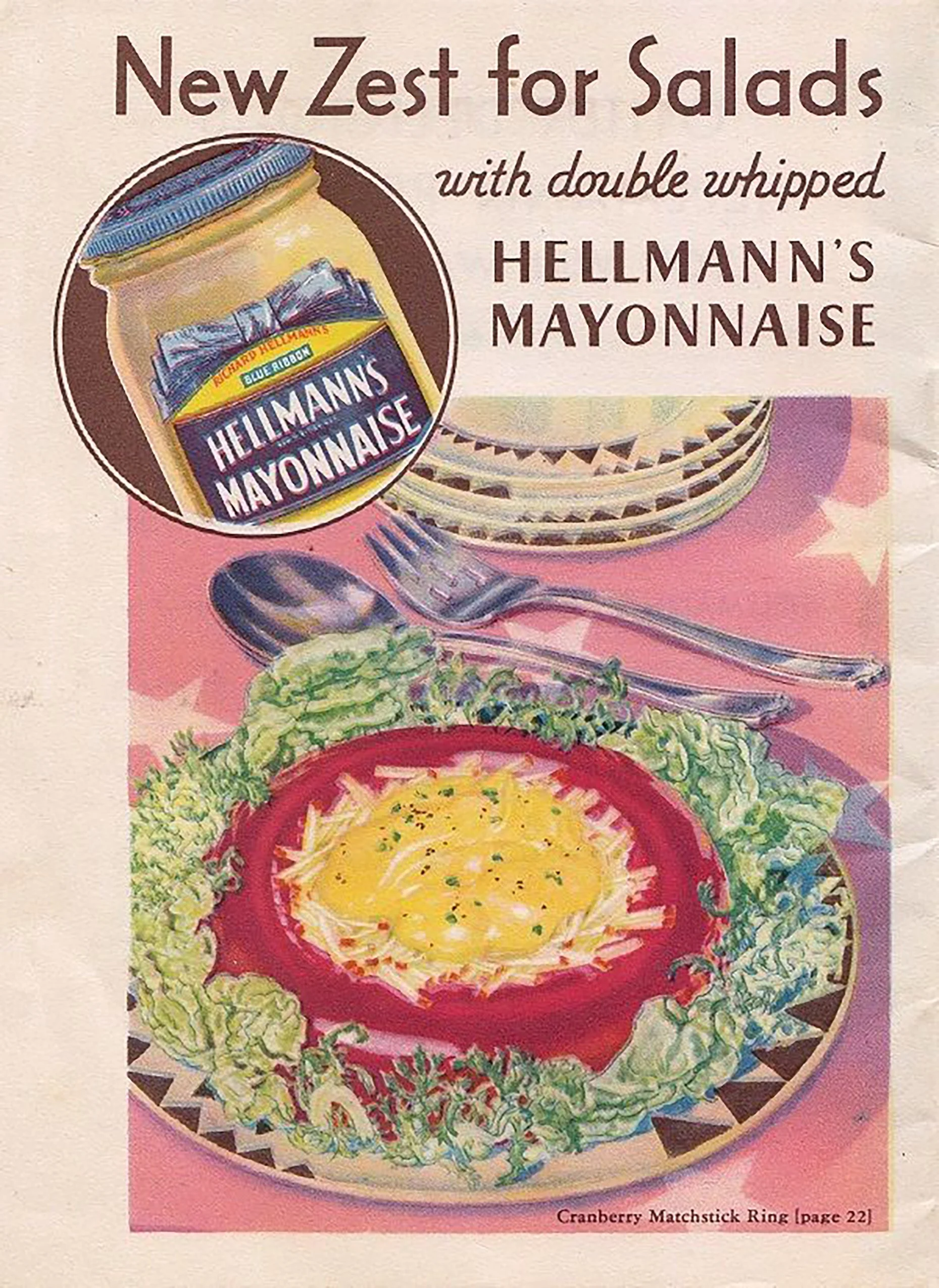 A colorful illustrated recipe page for a salad topped with scrambled eggs, surrounded by lettuce and garnished with a cranberry matchstick ring.