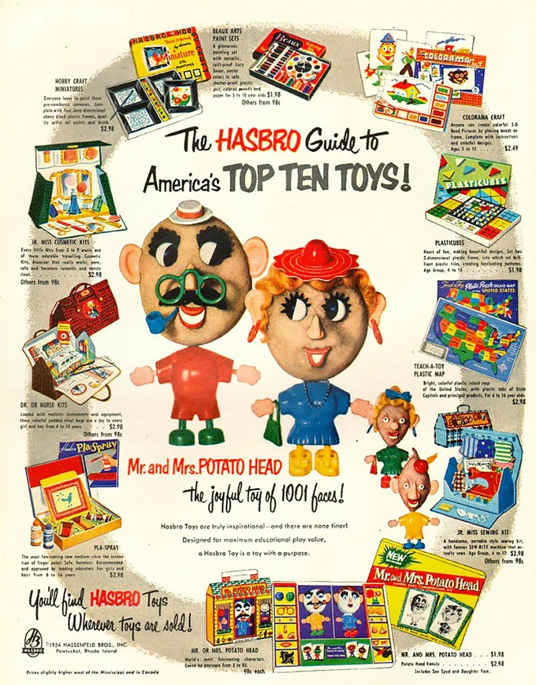 A vintage advertisement for Hasbro's top ten toys, featuring Mr. and Mrs. Potato Head with a background of various toy packaging and descriptions.