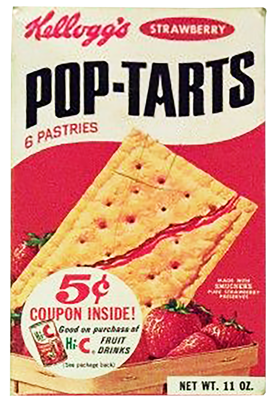 Kellogg's strawberry pop-tarts box with an image of two toasted pop-tarts and strawberries, and a coupon for five cents off Hi-C fruit drinks.