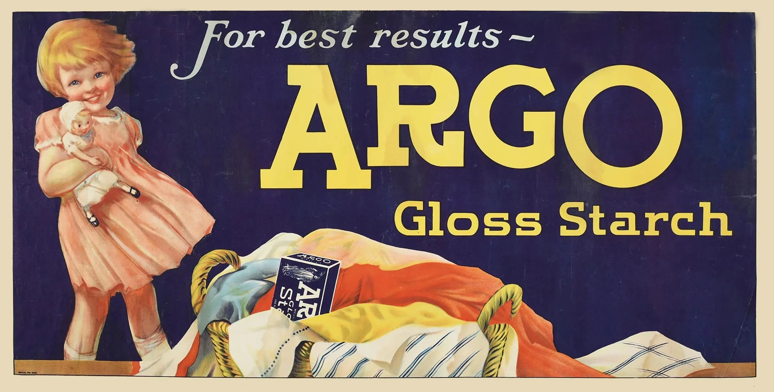 Vintage advertisement poster for Argo Gloss Starch featuring a smiling girl holding a doll, with a basket of laundry and a box of Argo starch in the foreground.