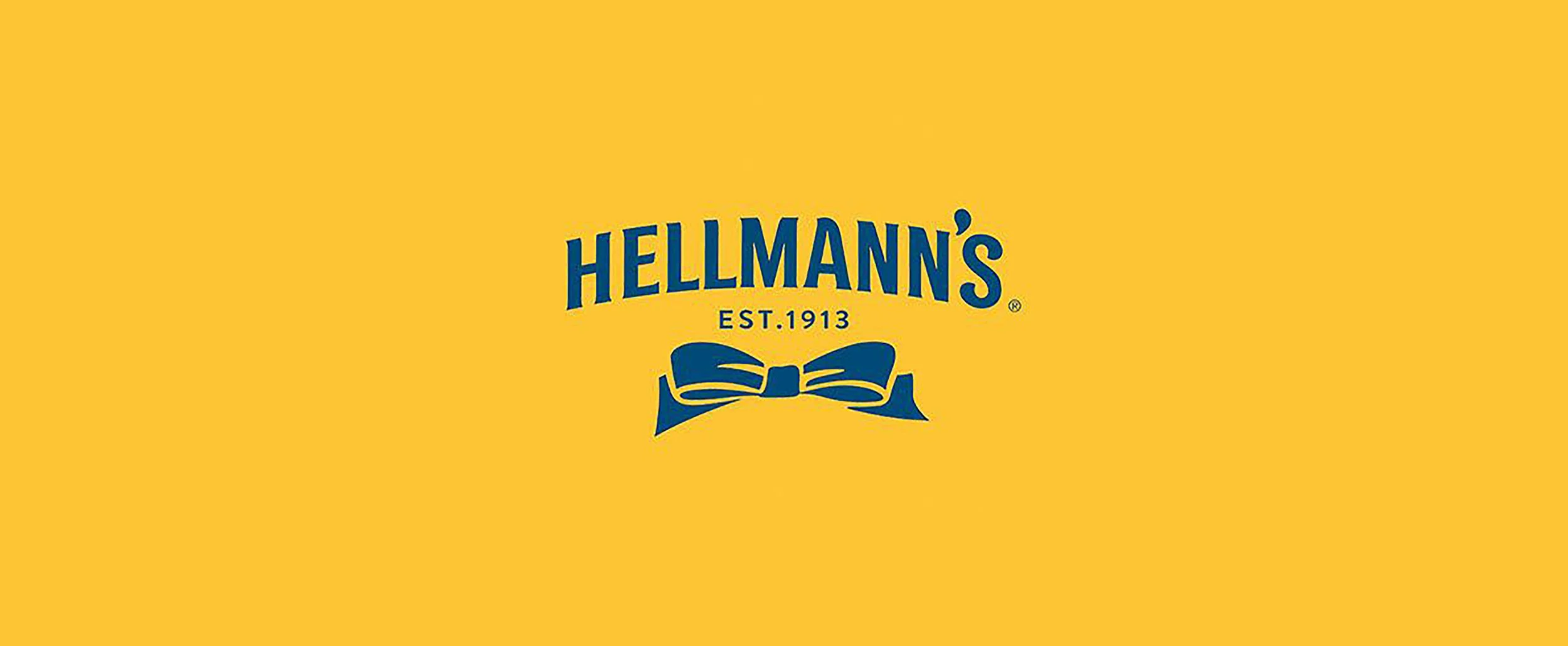 Yellow background with blue text reading 'Hellmann's', a bowtie logo, and 'Est. 1913'.