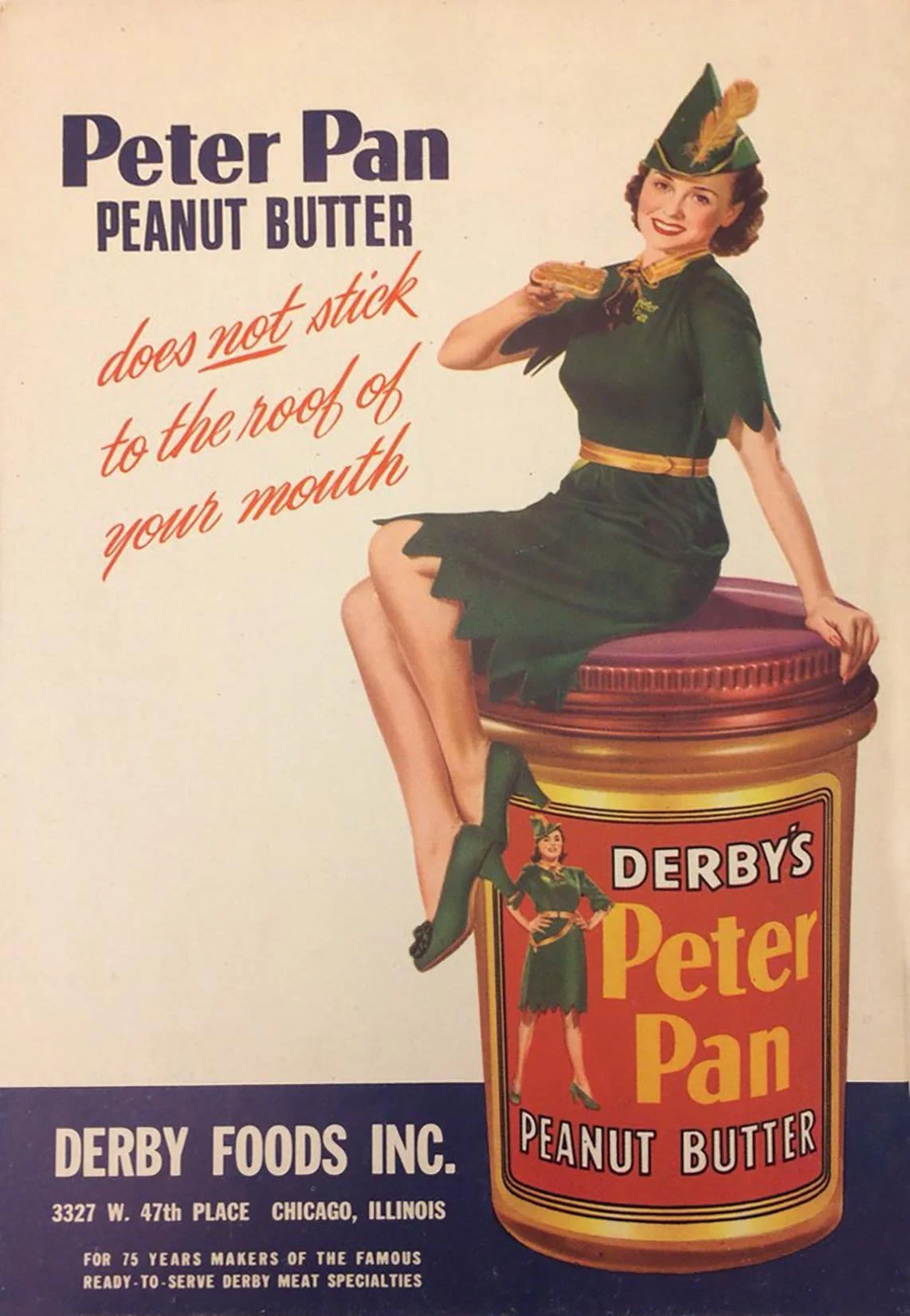 Vintage advertisement for Derby's Peter Pan peanut butter featuring a woman dressed as a leprechaun sitting on a large jar of peanut butter, holding a piece of bread with peanut butter, with a cheerful smile.