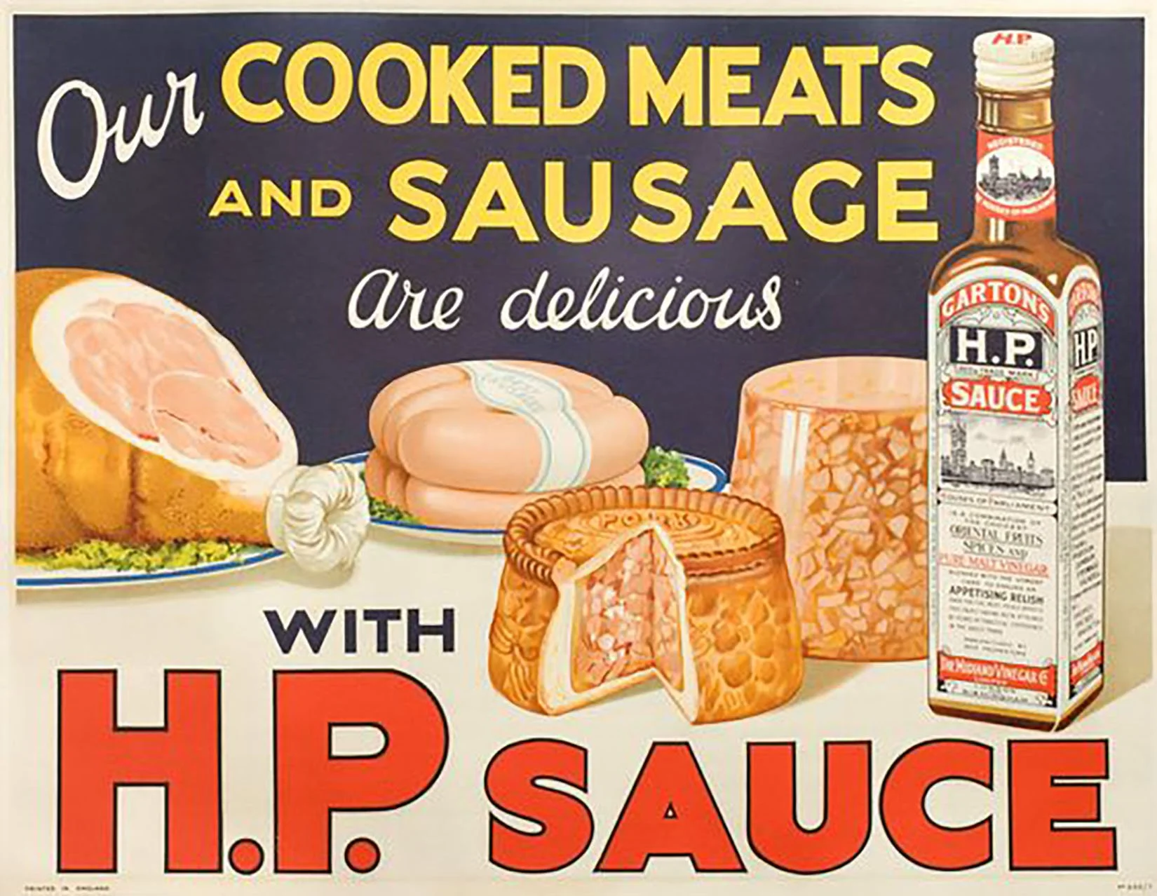 Vintage advertisement featuring cooked meats such as ham and sausages, along with a bottle of HP sauce.