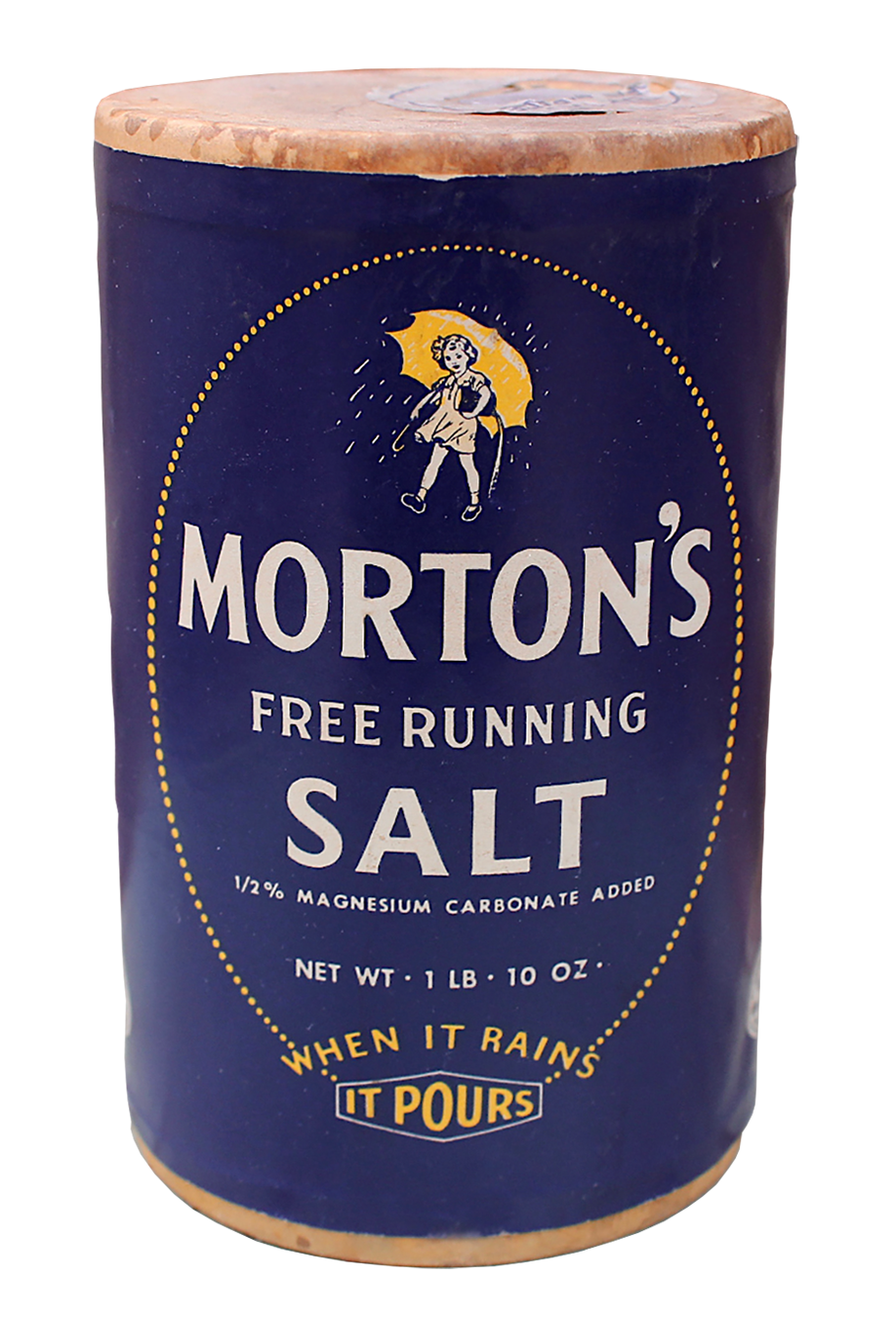A can of Morton's Free Running Salt with a blue label, white text, and a yellow illustration of a girl holding an umbrella in the rain.