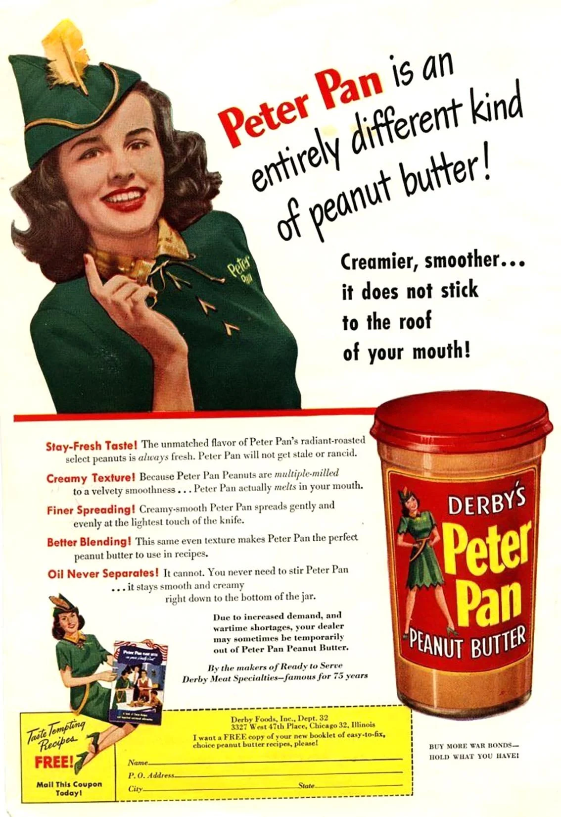 Vintage advertisement for Peter Pan peanut butter featuring a woman dressed in green with a feathered hat, smiling and pointing to a jar of Peter Pan peanut butter.