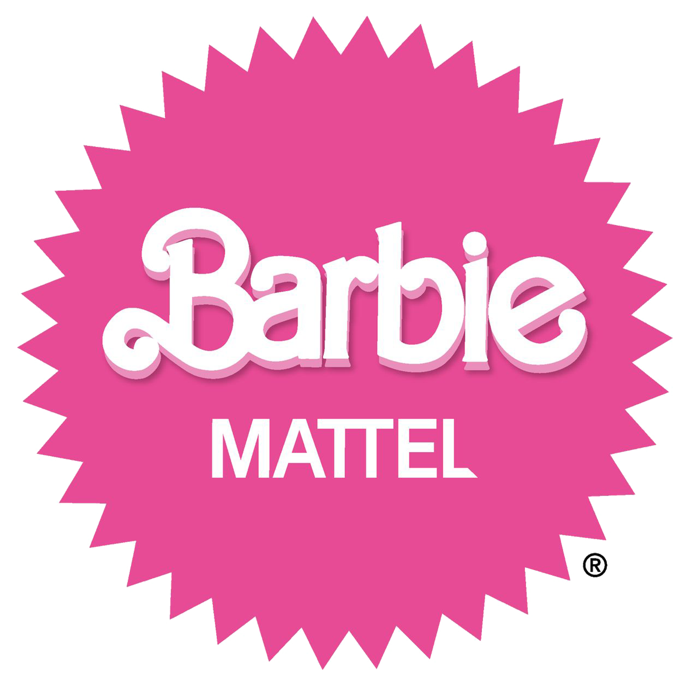 Pink starburst with the Barbie logo and the word 'MATTEL' underneath.