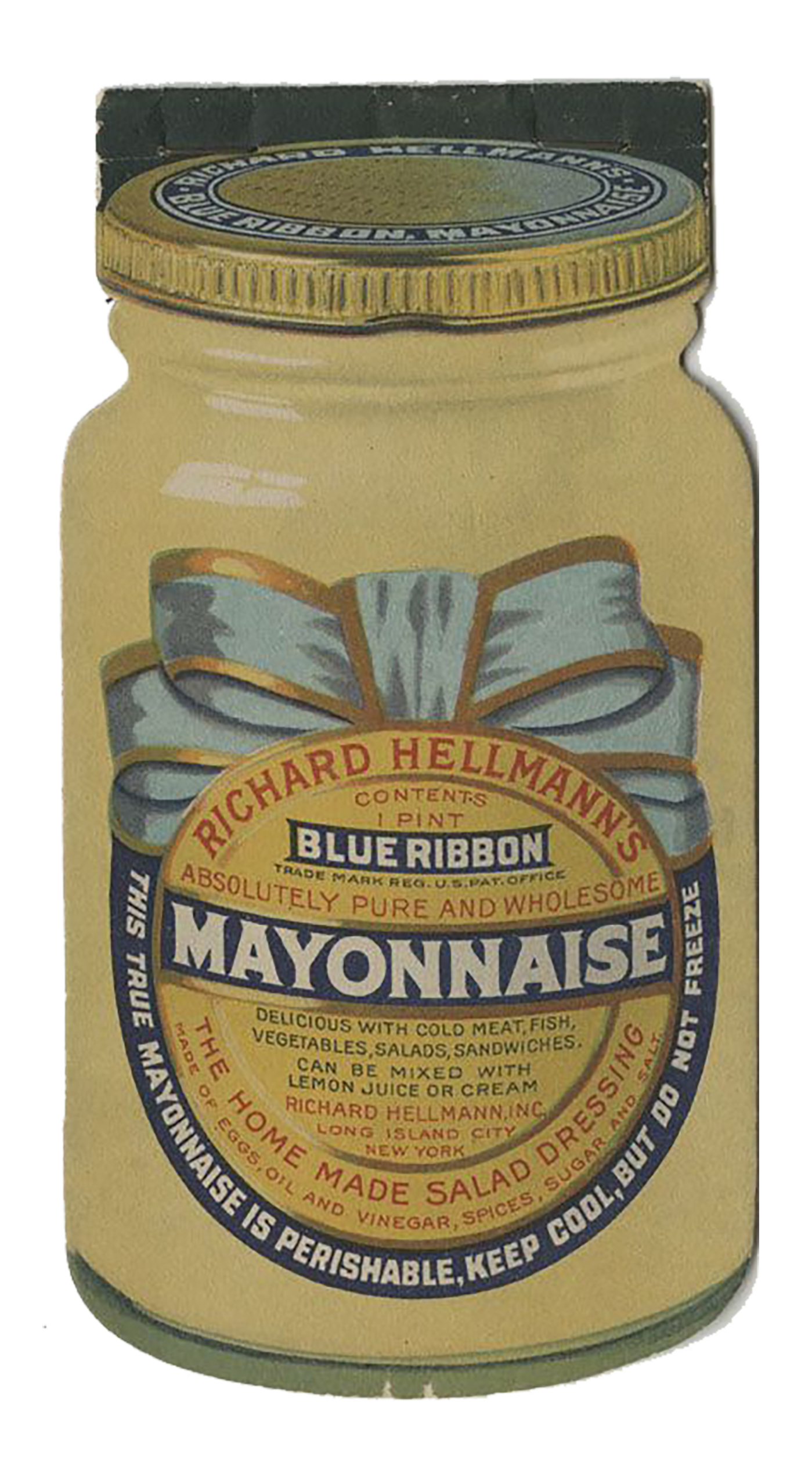 A vintage jar of Richard Hellmann's Blue Ribbon mayonnaise, with a round label featuring a blue ribbon design and text describing the product as pure, wholesome, and suitable for salads, sandwiches, and more.