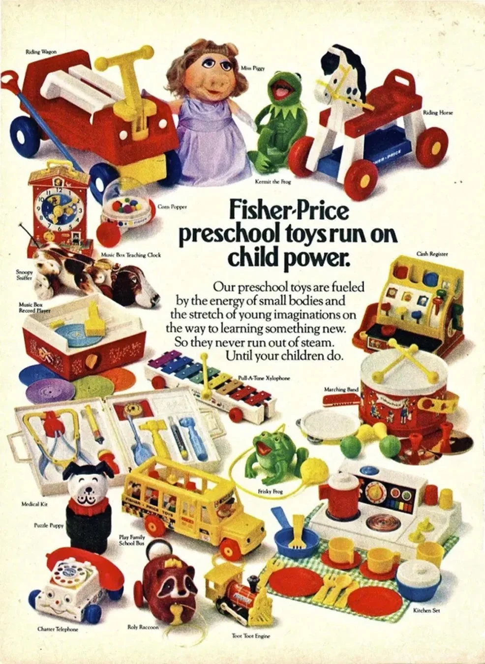 Vintage Fisher-Price preschool toys including a riding wagon, Miss Piggy puppet, Kermit the Frog puppet, riding horse, clock, and various toy food and tools, all arranged for display.