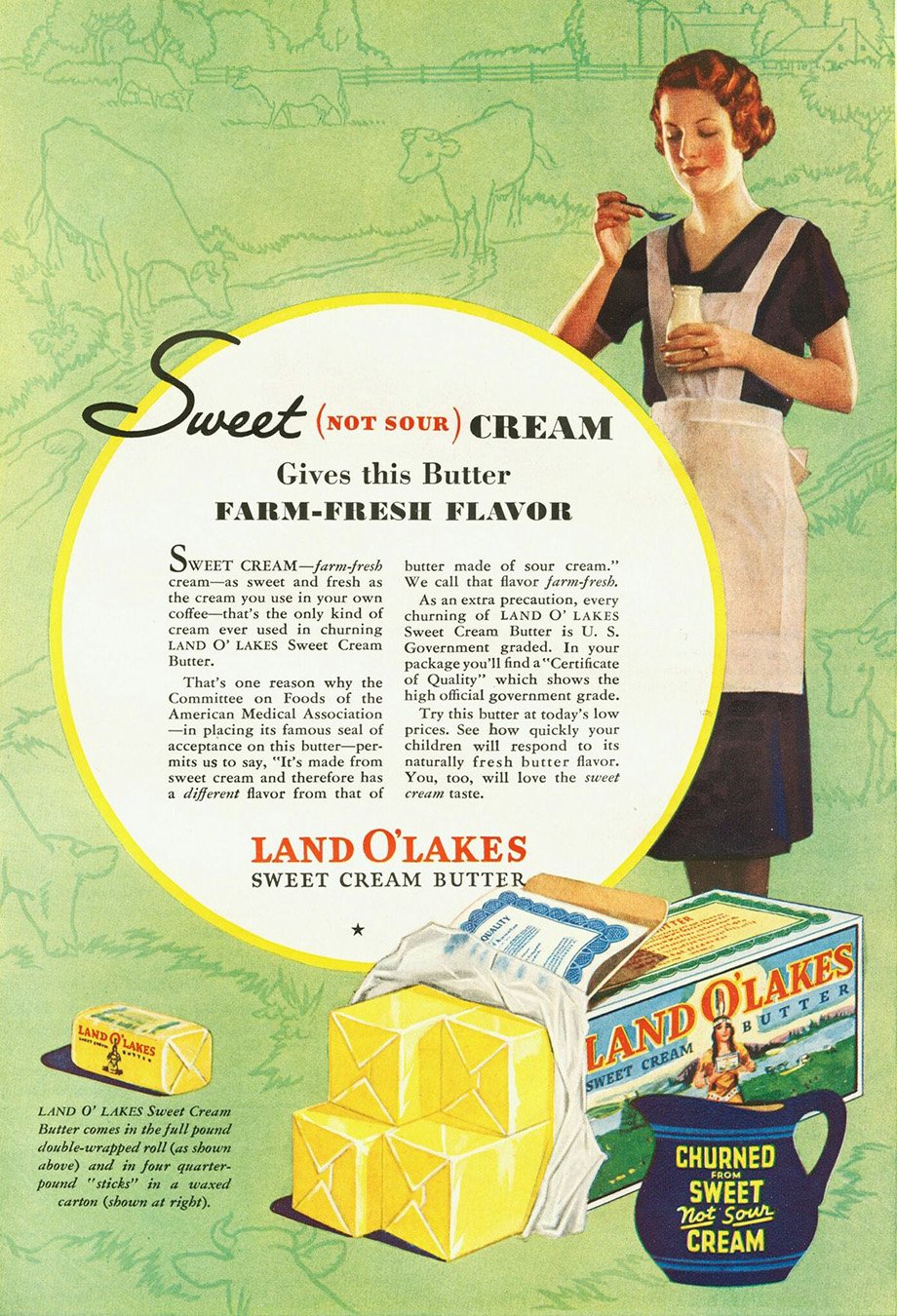 Vintage advertisement for LAND O' LAKES sweet cream butter featuring a woman in a black dress and white apron, holding a jar of butter and tasting with a spoon. The background is green with line sketches of cows and farm landscape. The ad highlights the butter's farm-fresh flavor and quality, showing a package of LAND O' LAKES butter, a stick of butter, and a bowl labeled 'Churned from Sweet Not Sour Cream.'