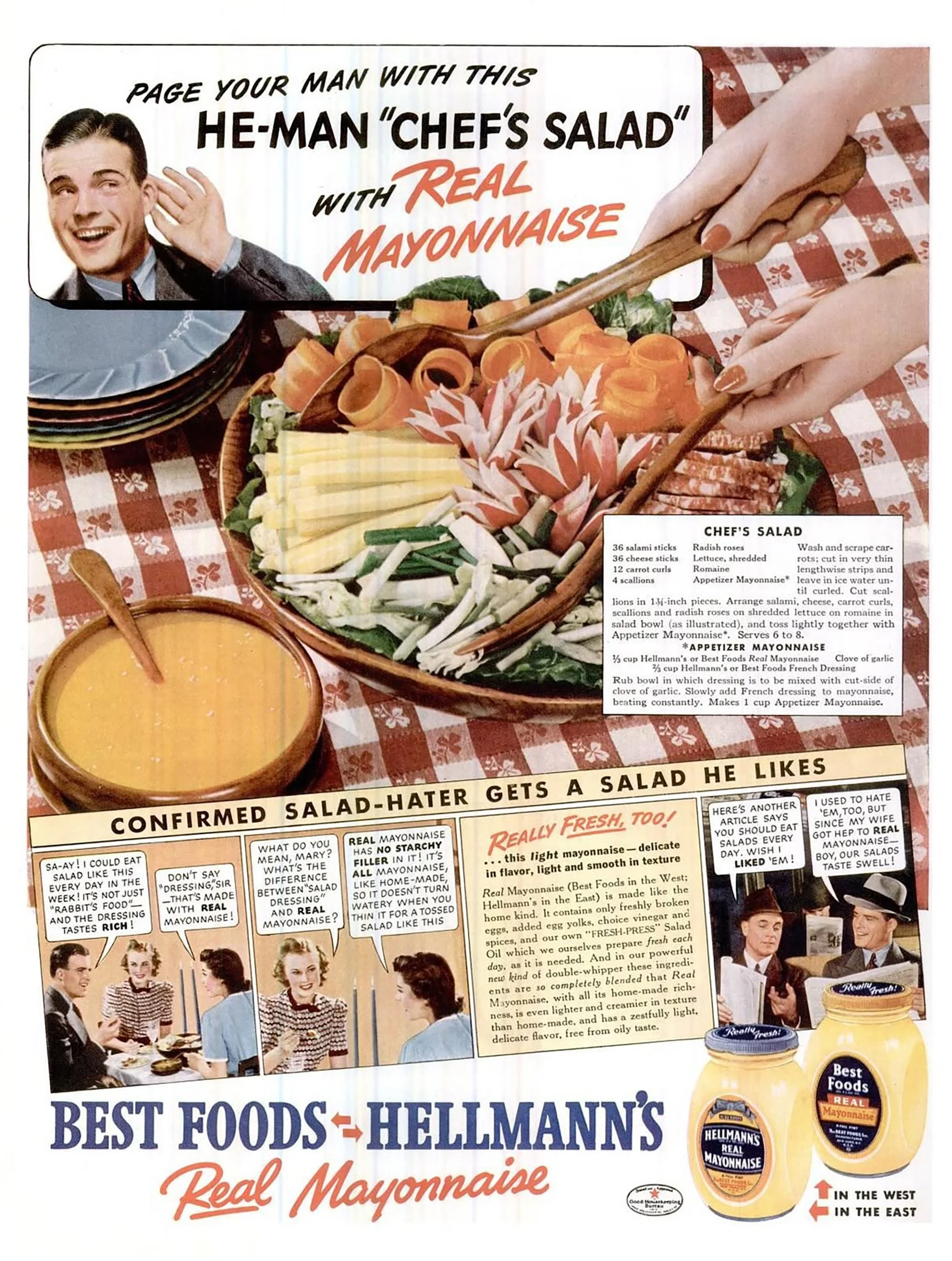 A vintage advertisement for Hellmann's Real Mayonnaise featuring a man with a happy expression, a plate of salad with vegetables and sliced cheese, and jars of Hellmann's mayonnaise. The ad emphasizes the taste and quality of the mayonnaise, with text highlighting its homemade flavor and proper storage instructions.