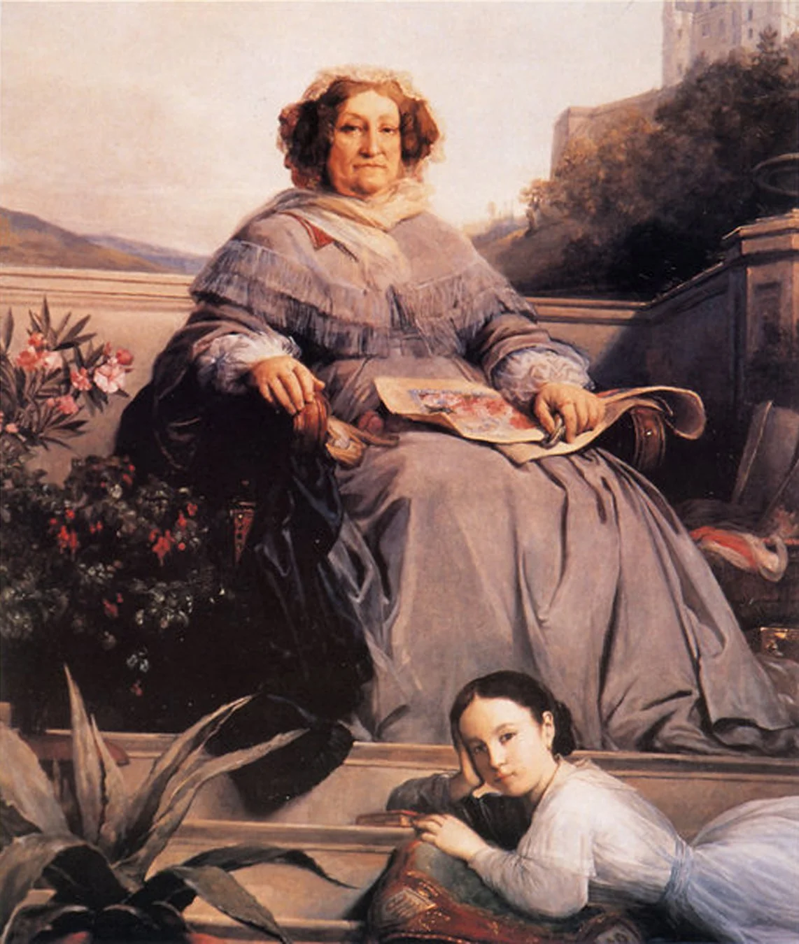 A painting of Veuve Cliquot sitting on a chair with a book on her lap, and a young girl lying on the floor near her, resting her head on her hand, with plants and a landscape in the background.