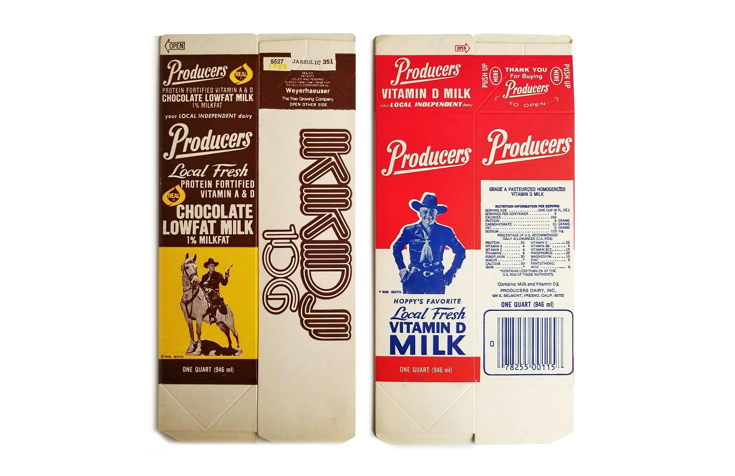 Three cartons of milk, two chocolate and one vitamin D, with one depicting a cowhand on horseback, and the others featuring patriotic and vintage designs.