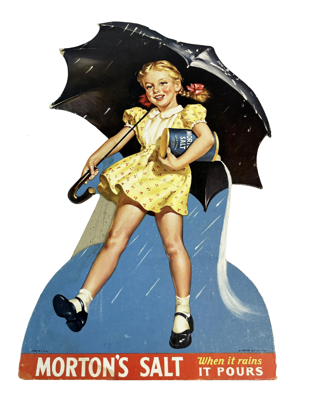 Vintage advertisement poster for Morton’s Salt featuring a young girl with blonde hair, wearing a yellow dress with red flowers, holding a box of Morton salt, using an umbrella during rain.