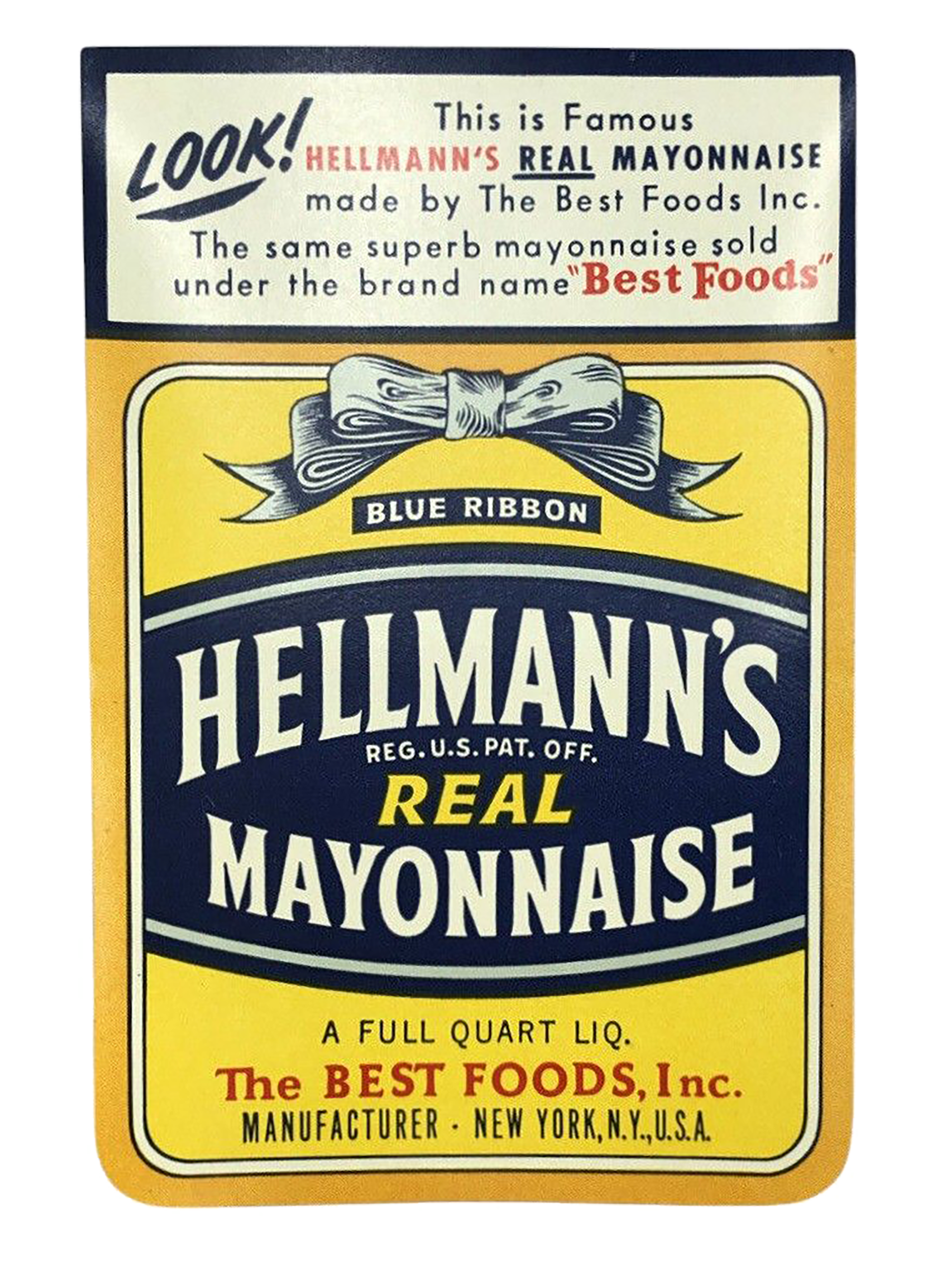 Close-up of a vintage Hellmann's mayonnaise label with yellow, blue, and red design elements.