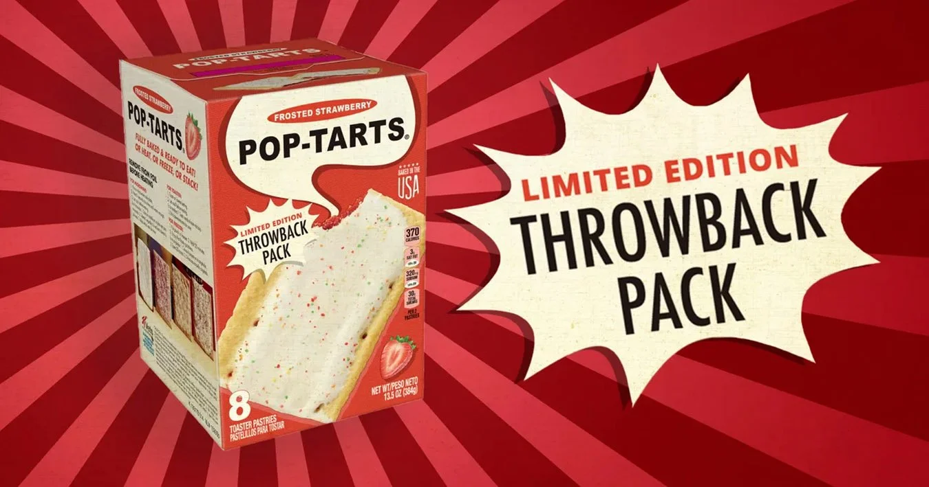 Red box of Pop-Tarts Frosted Strawberry Limited Edition Throwback Pack with a splash of white filling and colorful sprinkles, surrounded by a red burst background and white starburst banner that reads "Limited Edition Throwback Pack."
