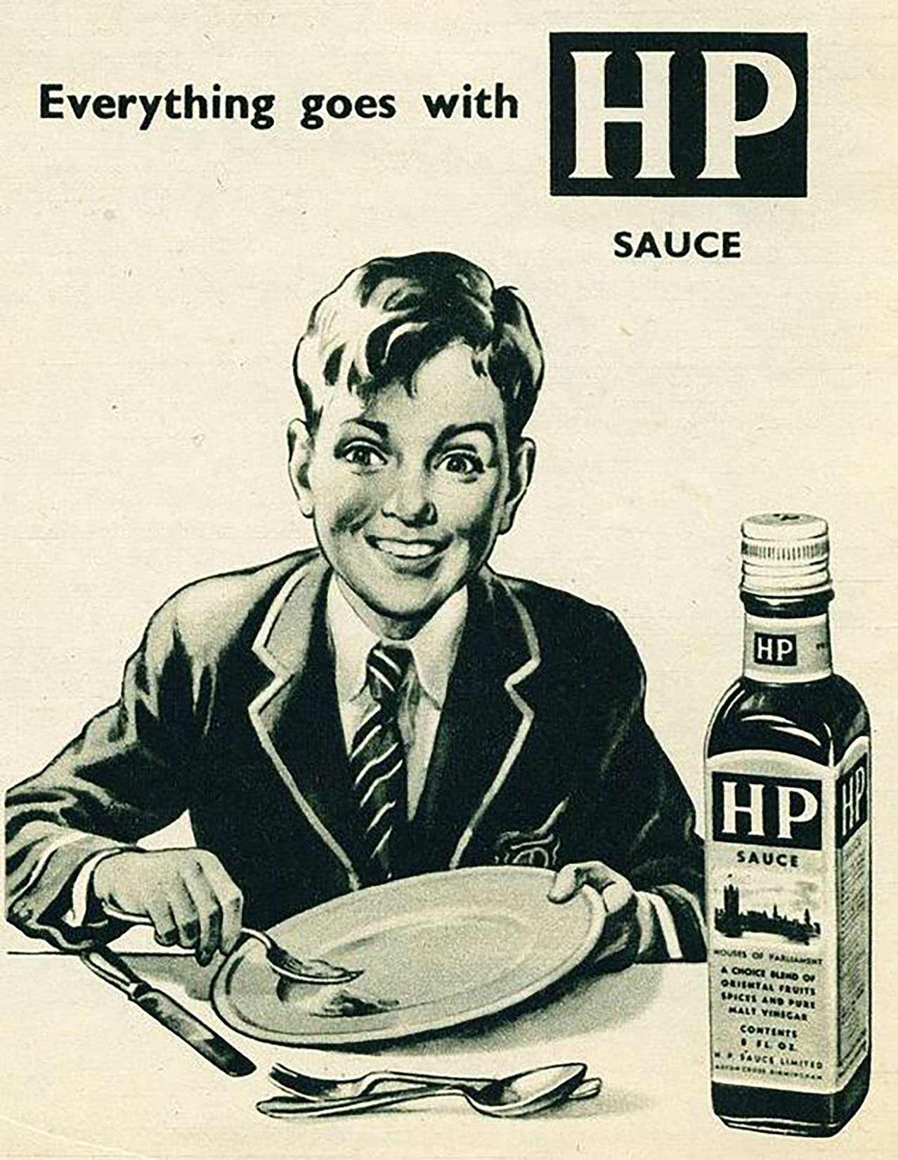 A black and white vintage advertisement featuring a smiling woman in a suit with a striped tie, sitting at a table with a plate, fork, and knife. To her right is a bottle of HP sauce, with a logo and label describing it as a condiment made with fruits, vegetables, spices, and malt vinegar.
