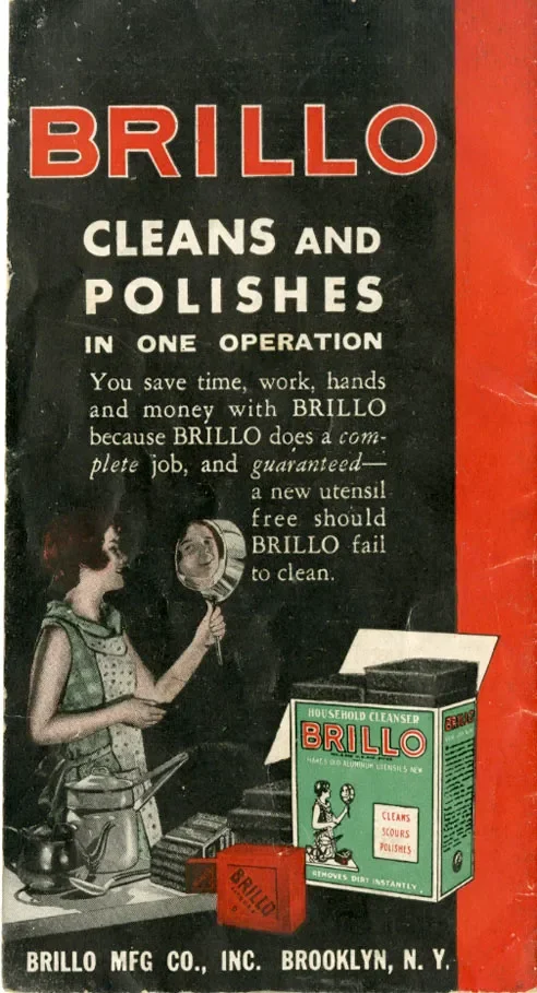 Vintage advertisement for Brillo household cleanser, showing a woman holding a mirror and cleaning supplies, with a box of Brillo pads and soap