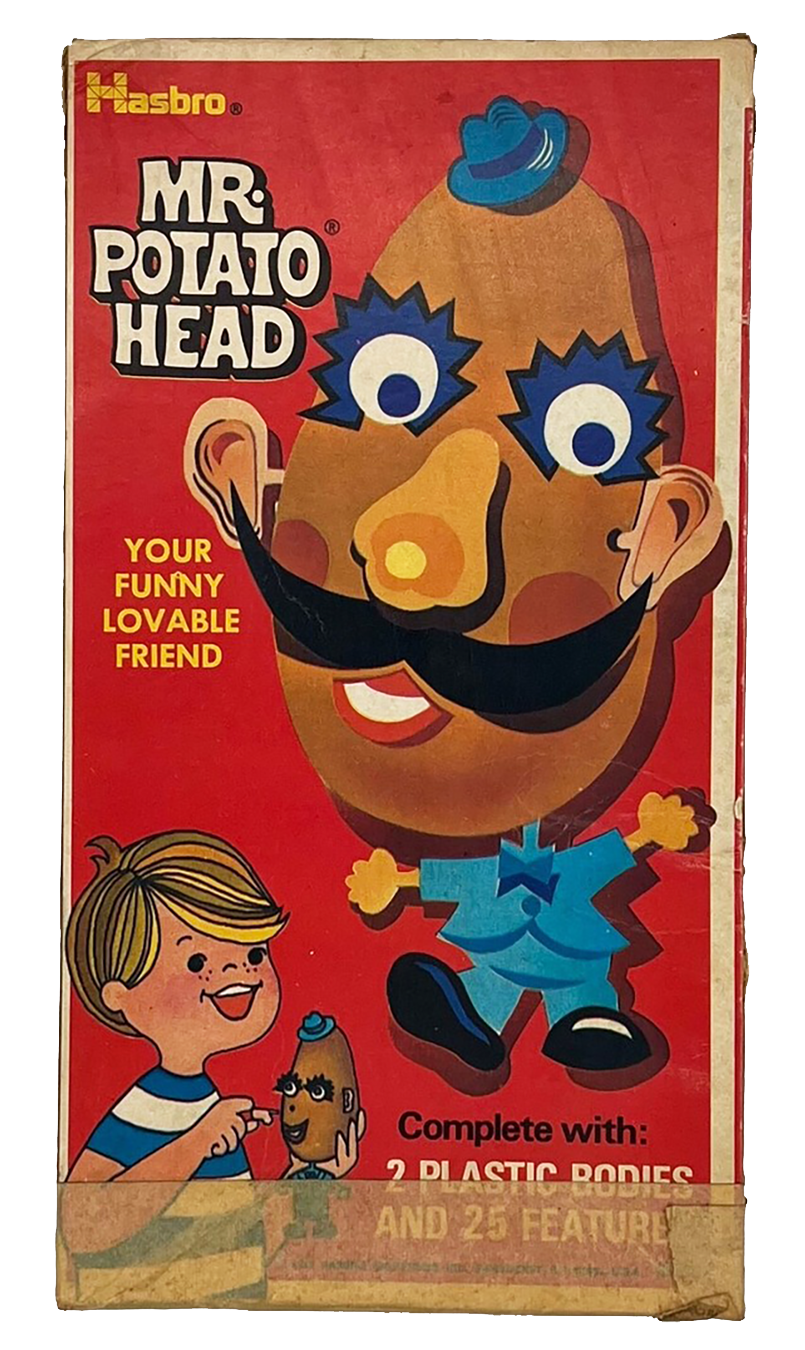 Box of Hasbro Mr. Potato Head toy featuring a cartoon illustration of Mr. Potato Head with a large mustache, blue eyes, a blue hat, and a blue shirt. The box shows a smiling child holding a Mr. Potato Head and advertises that it includes two plastic bodies and 25 features.