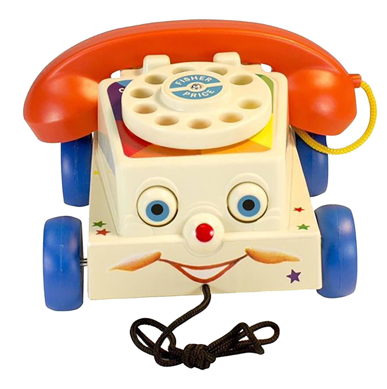 A vintage toy telephone designed to look like a clown with a white face, big blue eyes, a red nose, and a big smile. The toy has blue wheels, colorful stars on its body, and a red and orange rotary dial on top, with a yellow cord.