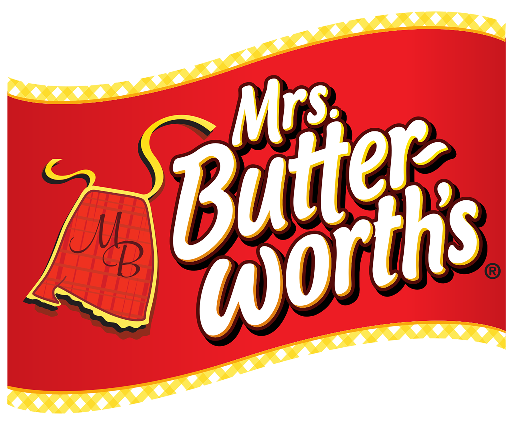 Red background with yellow checkered borders, featuring a stylized illustration of a plaid skirt with the initials J B, and large text reading "Mrs. Butterworth".