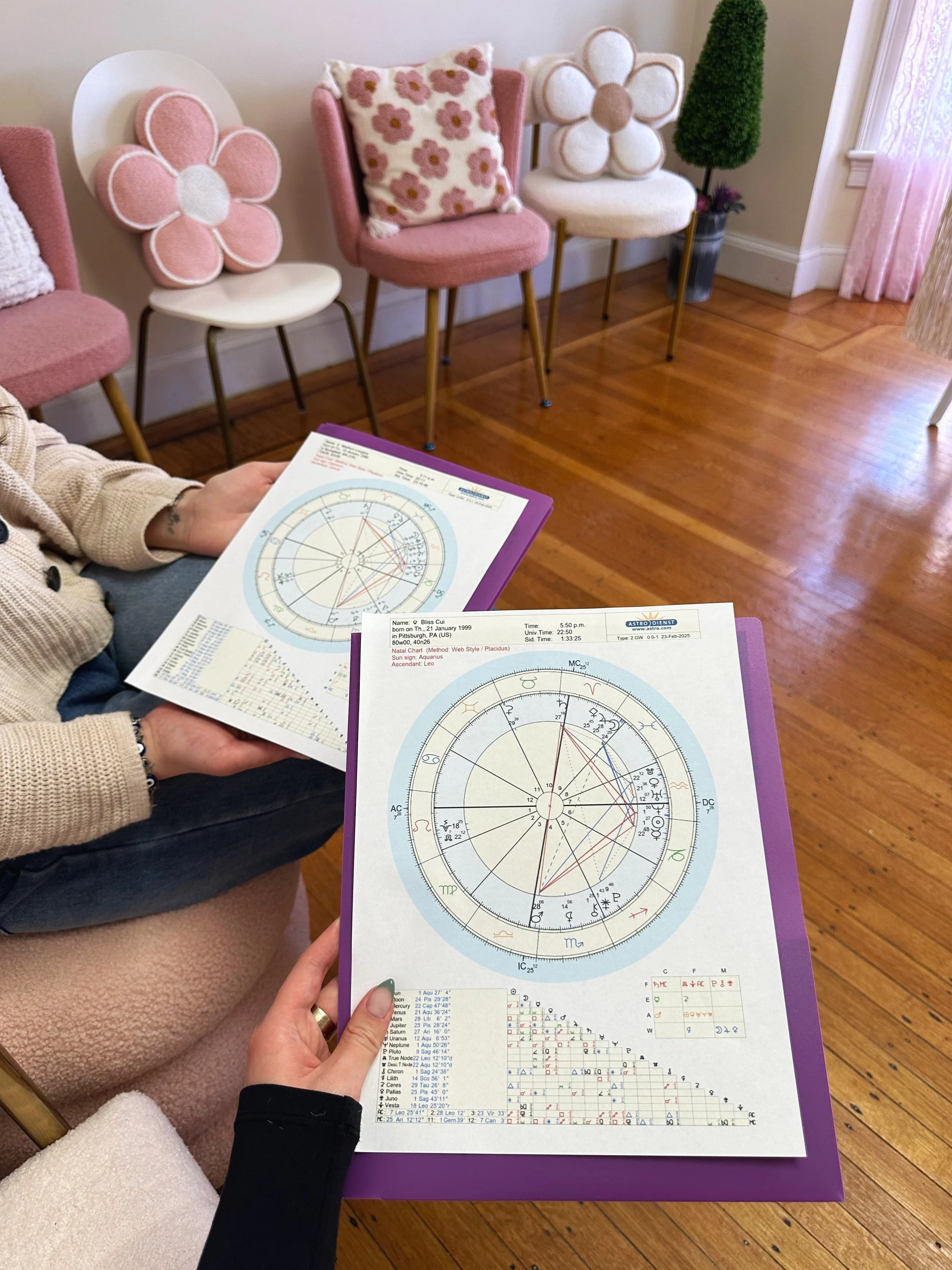Two people holding astrology charts in a room with pink flower-shaped chairs and a small potted tree in the background.