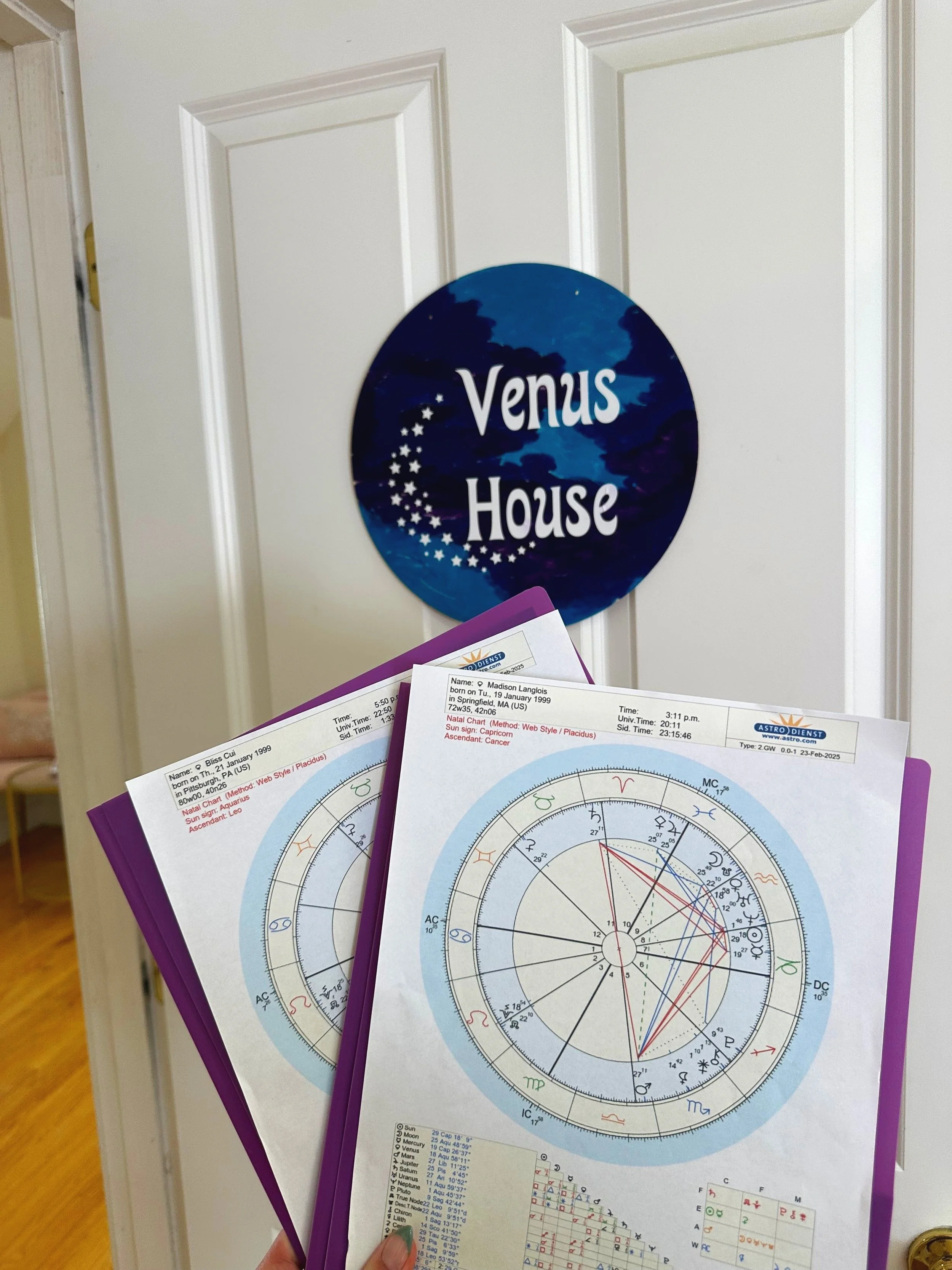 A person holding two printed astrology charts in front of a white door with a round sign that says 'Venus House,' decorated with astronomical and planetary symbols on a dark blue background