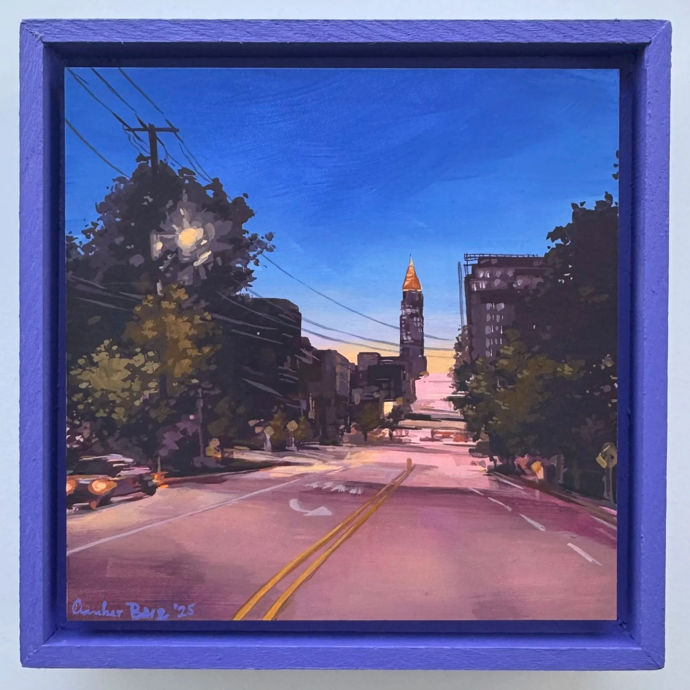 twilight on north avenue | acrylic on panel in handmade frame | 6" x 6" | 2025