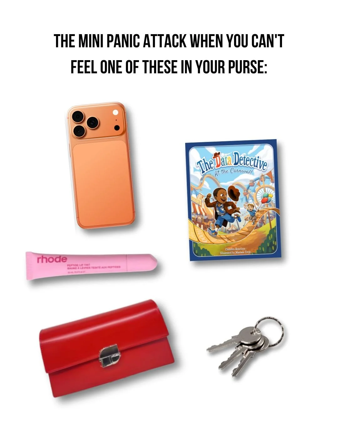 phone, wallet, rhode, data detective book, keys