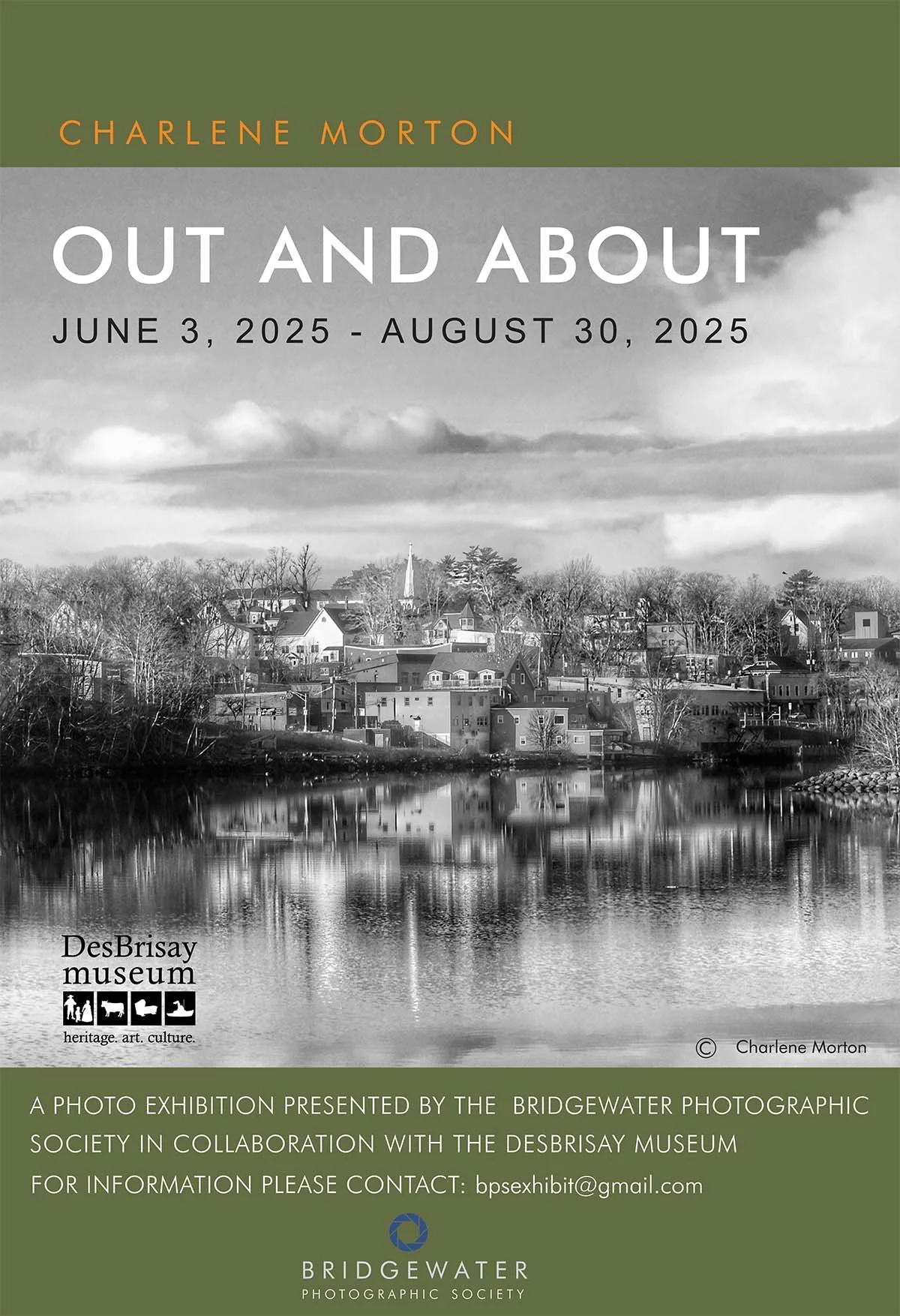 Poster for an art exhibition titled "Out and About" by Charlene Morton, running from June 3 to August 30, 2025, at the DesBrisay Museum, featuring a black and white photograph of a town with a river in the foreground and houses in the background.