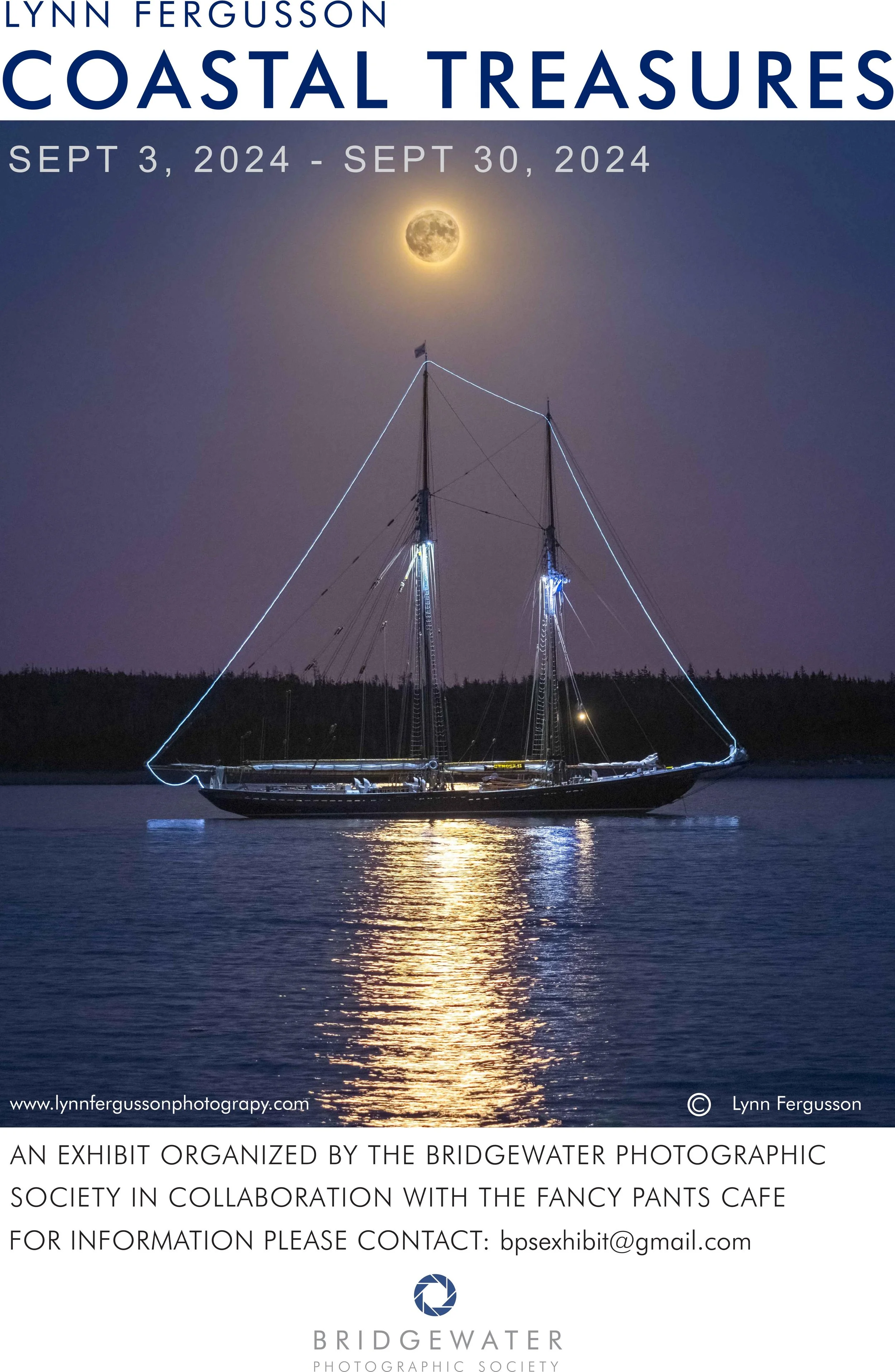 A night scene with a sailboat decorated with lights on calm water, with the moon shining brightly in the sky and reflections on the water.