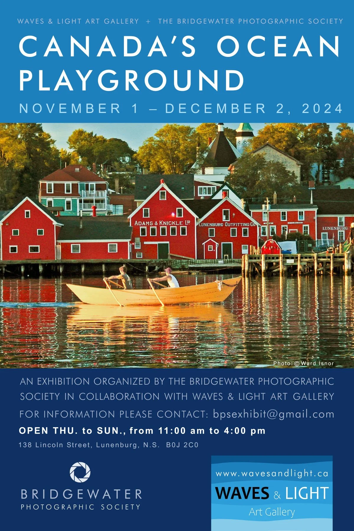 Poster for an art exhibition titled 'Canada's Ocean Playground' showcasing images of red buildings along a waterfront, with two people sailing a boat, and a blue sky with trees in the background.