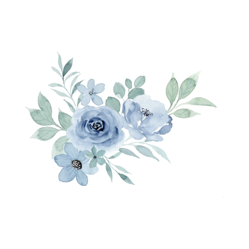 Watercolor illustration of blue roses and green leaves.