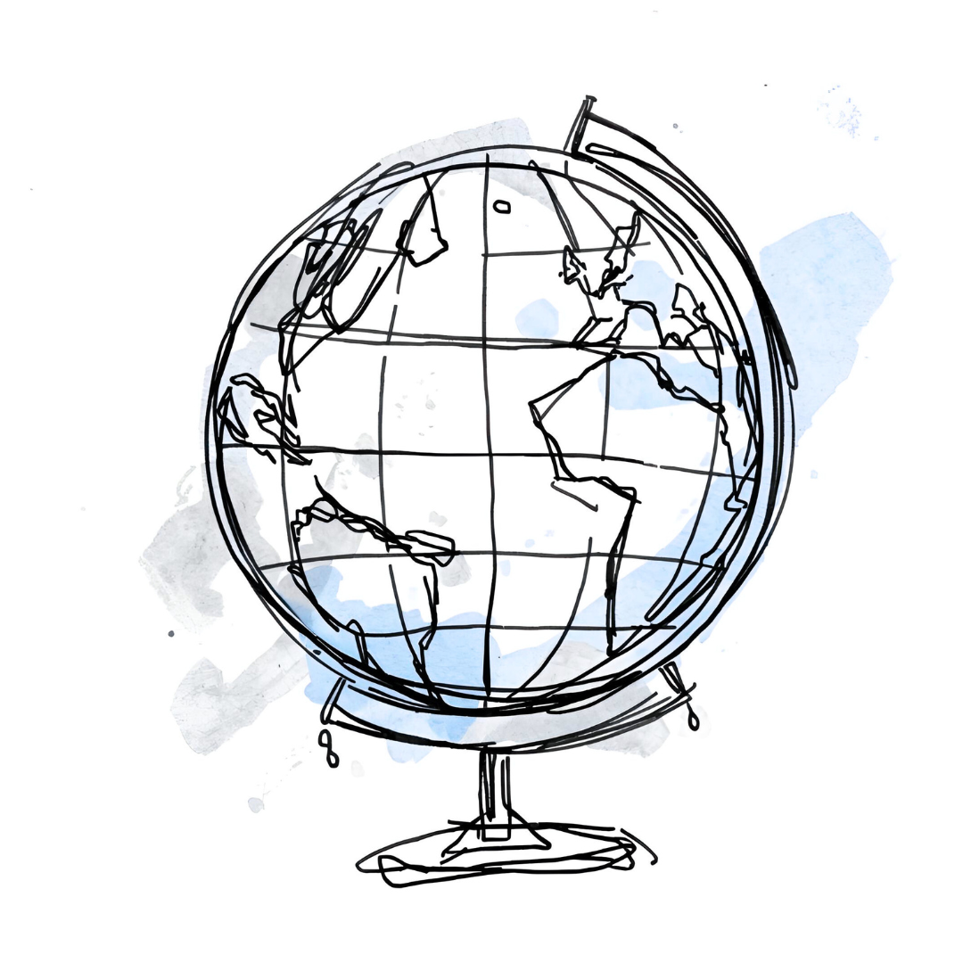 A drawing of a globe with black outlines and light blue watercolor accents, showing continents and lines of latitude and longitude.