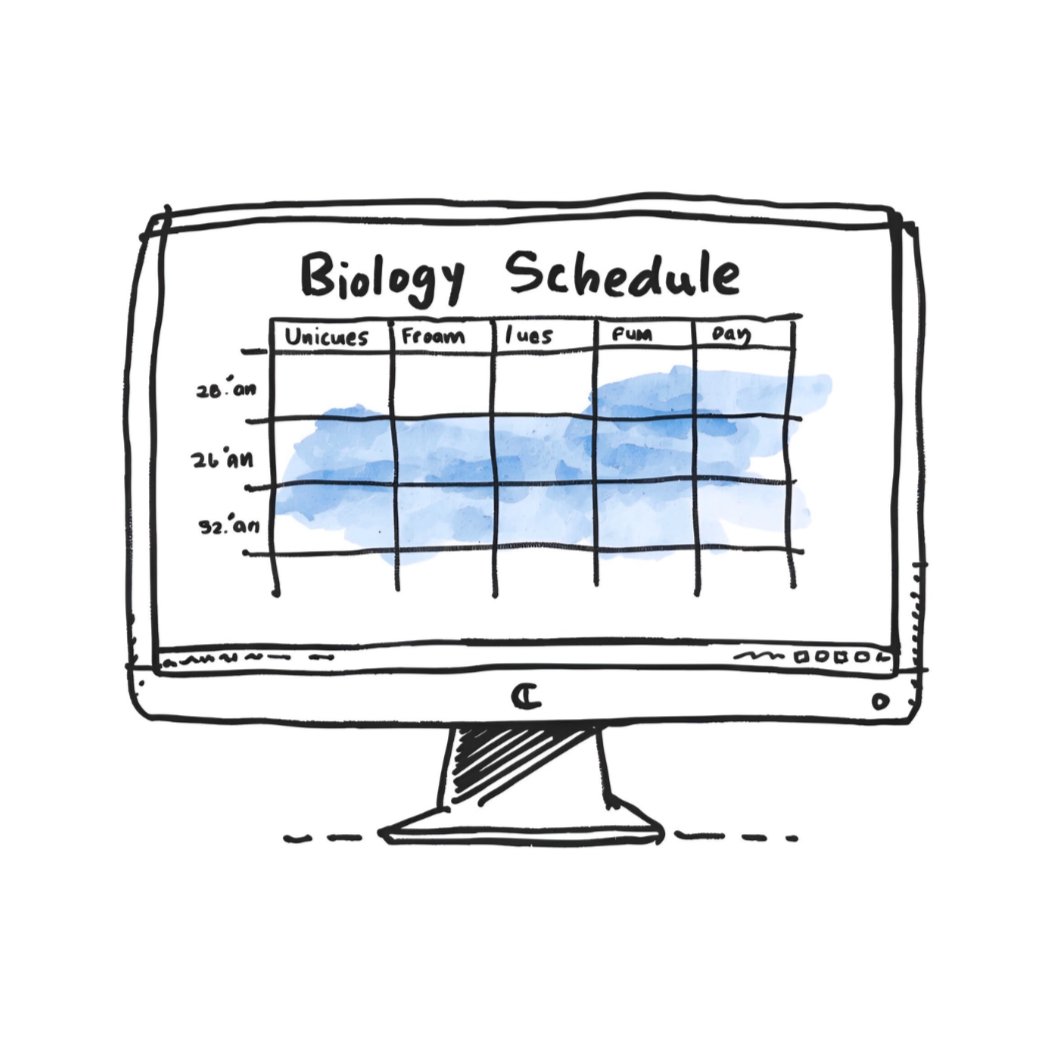 A hand-drawn digital illustration of a computer monitor displaying a blue watercolor-style biology class schedule grid titled 'Biology Schedule'.