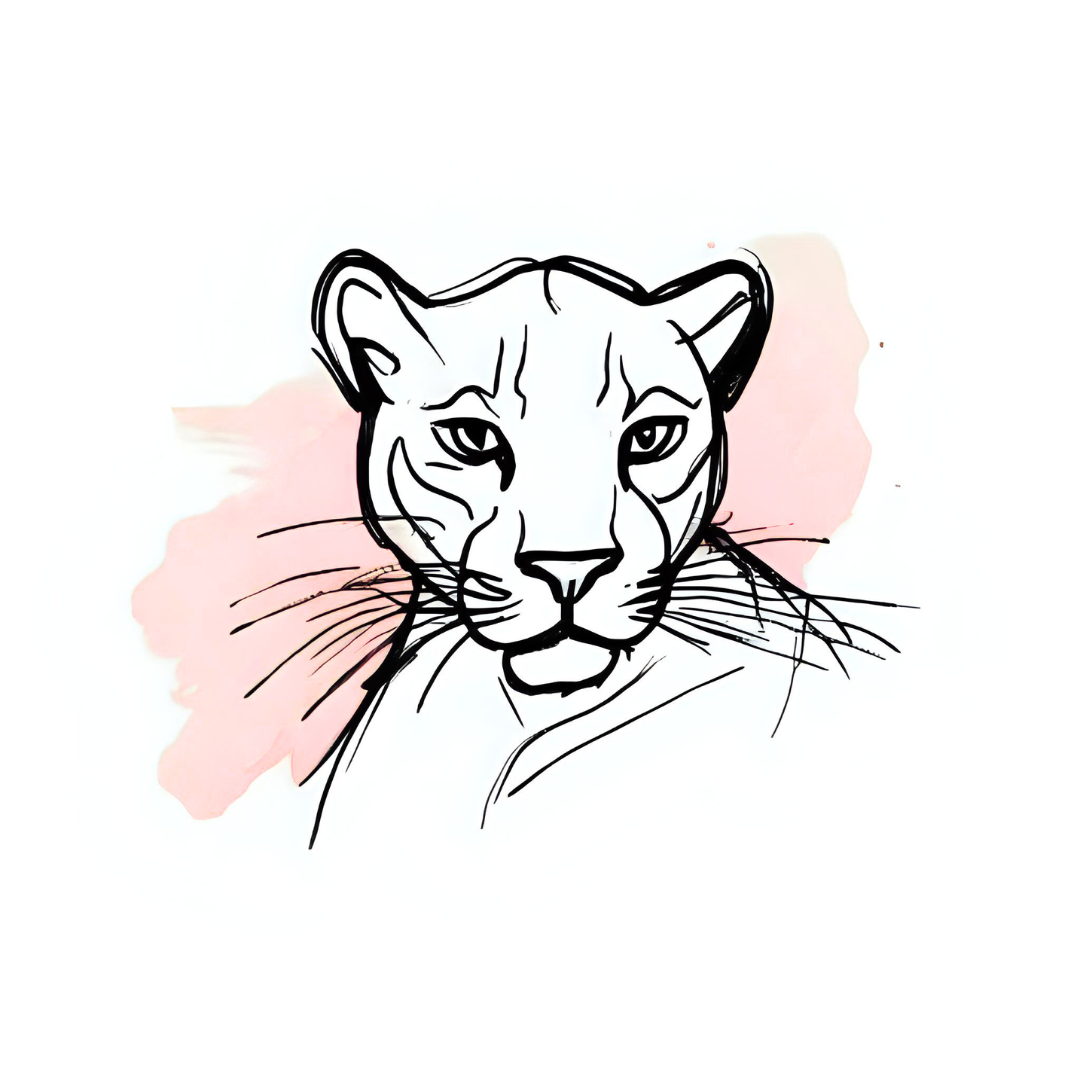 Line drawing of a big cat, likely a panther or leopard, with soft pink watercolor background.